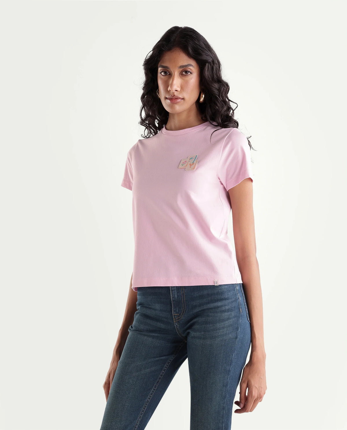 Rareism Women's Majon Light Pink Cotton Blend Fabric Crew Neck Regular Digital Print T-Shirt