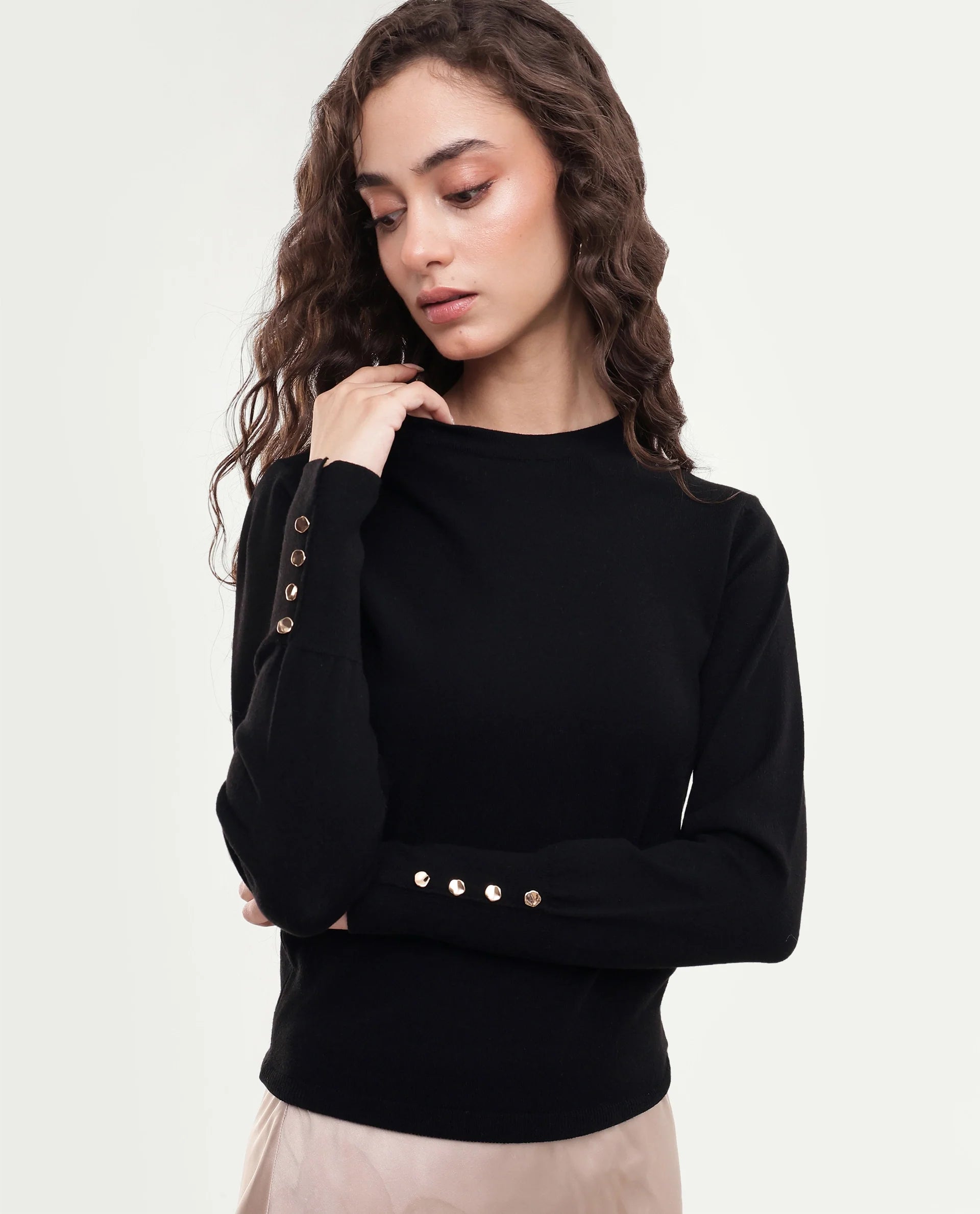 Rareism Women's Loran Black Solid Viscose Blend Regular Fit Full Sleeve Top