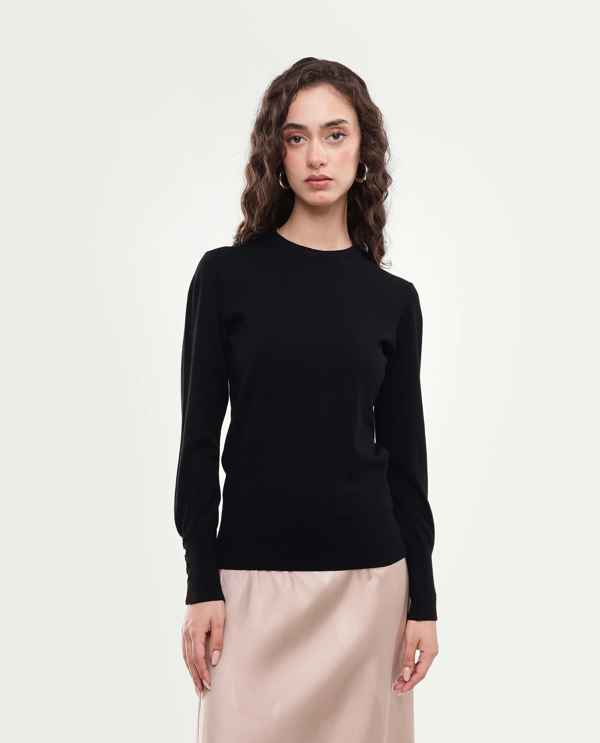 Rareism Women's Loran Black Solid Viscose Blend Regular Fit Full Sleeve Top