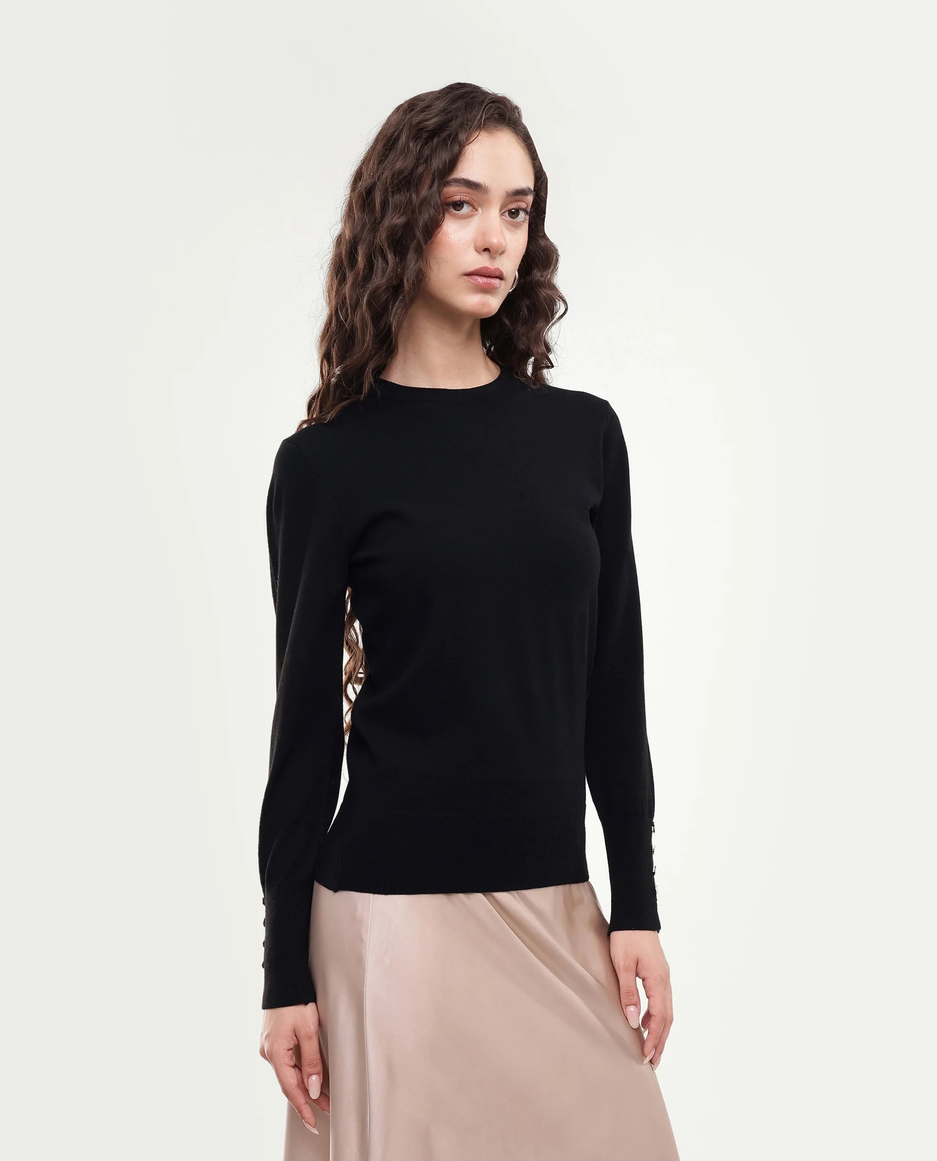 Rareism Women's Loran Black Solid Viscose Blend Regular Fit Full Sleeve Top