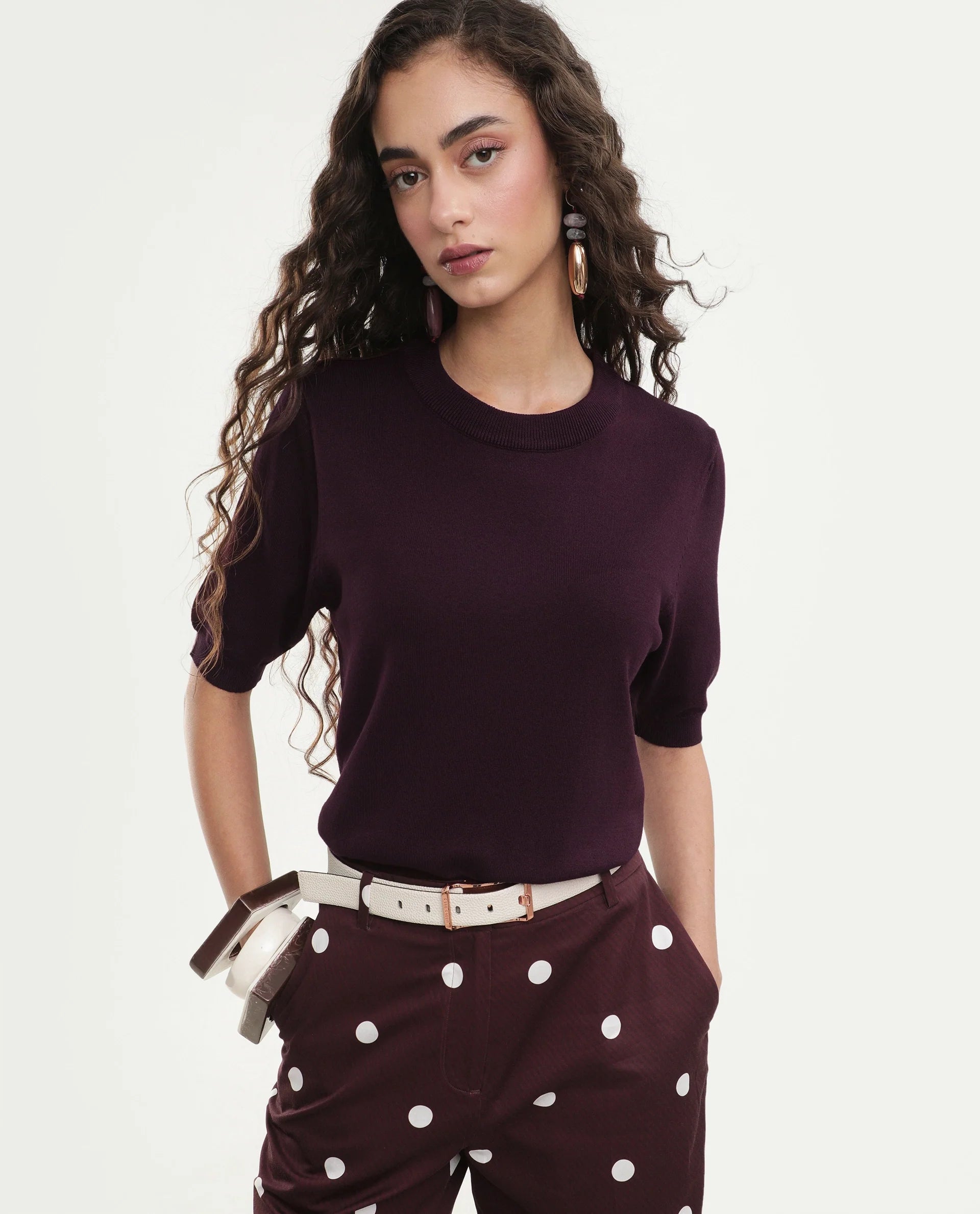 Rareism Women's Rohrdoaw26 Dark Maroon Viscose Blend Crew Neck Regular Fit Plain Top