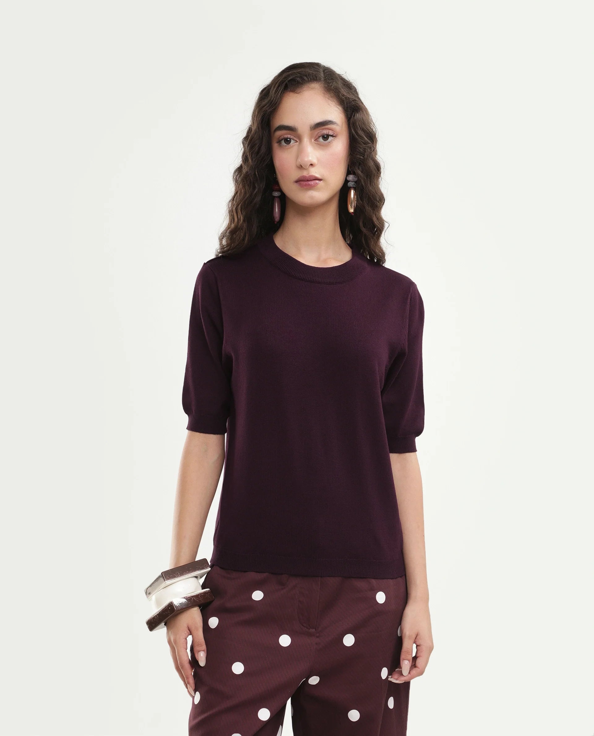 Rareism Women's Rohrdoaw26 Dark Maroon Viscose Blend Crew Neck Regular Fit Plain Top