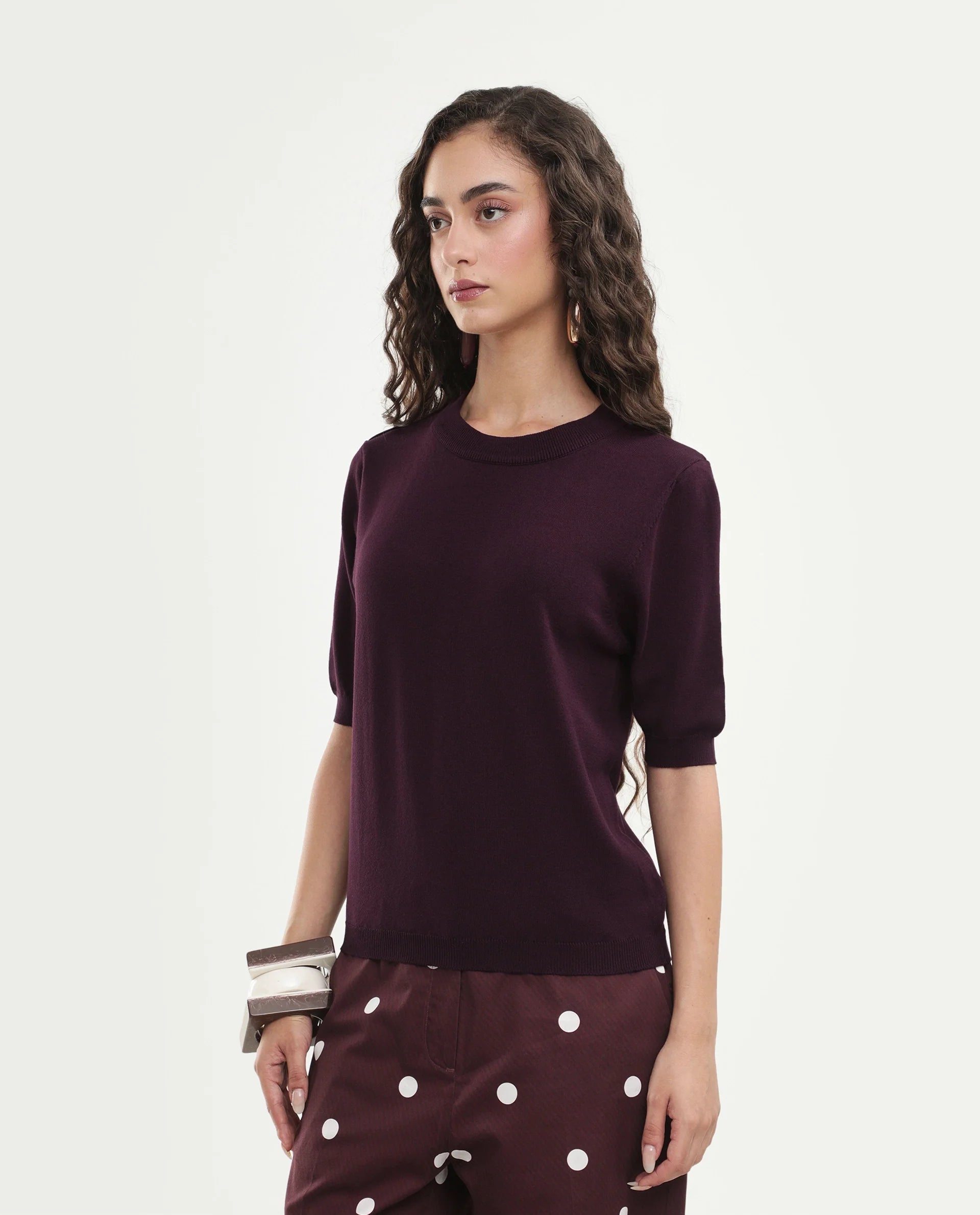 Rareism Women's Rohrdoaw26 Dark Maroon Viscose Blend Crew Neck Regular Fit Plain Top