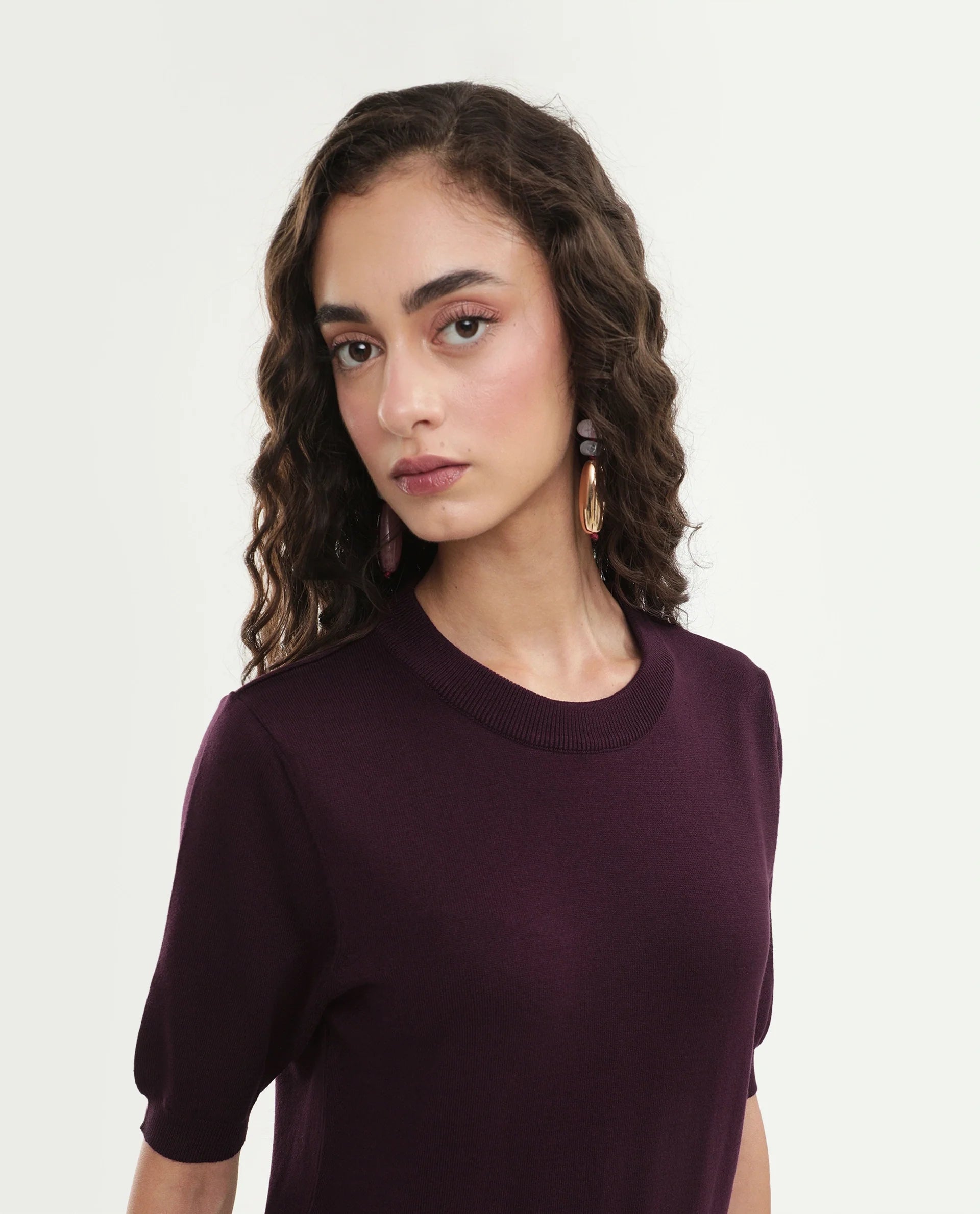 Rareism Women's Rohrdoaw26 Dark Maroon Viscose Blend Crew Neck Regular Fit Plain Top