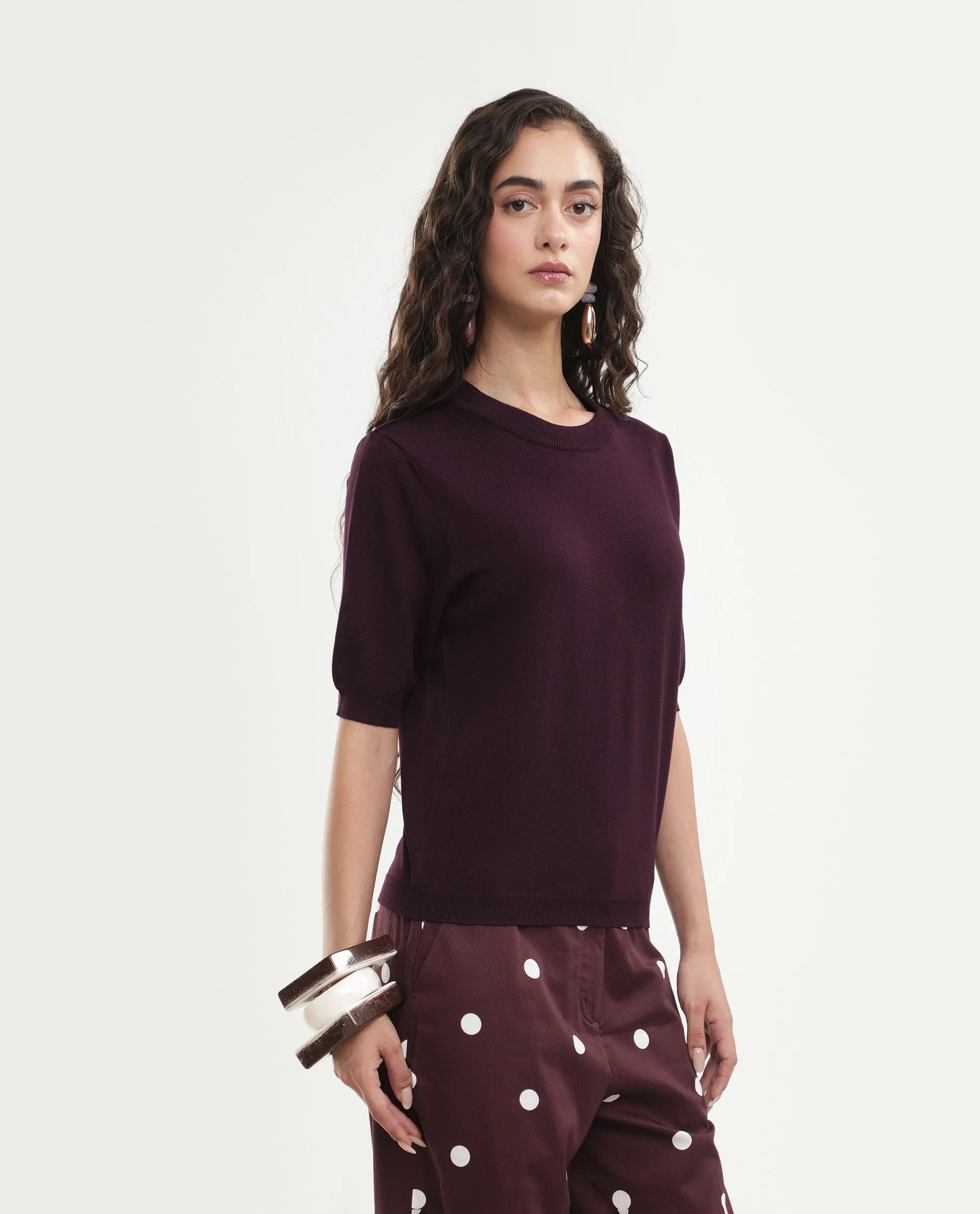 Rareism Women's Rohrdoaw26 Dark Maroon Viscose Blend Crew Neck Regular Fit Plain Top