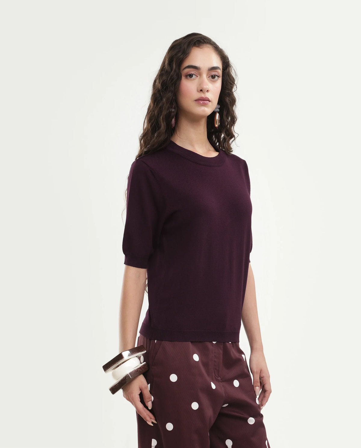 Rareism Women's Rohrdoaw26 Dark Maroon Viscose Blend Crew Neck Regular Fit Plain Top
