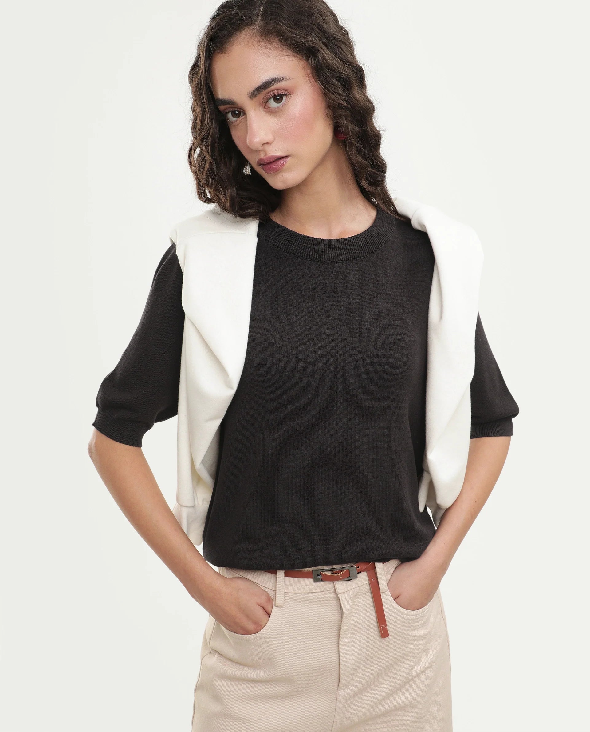 Rareism Women's Rohrdoaw26 Dark Brown Viscose Blend Crew Neck Regular Fit Plain Top