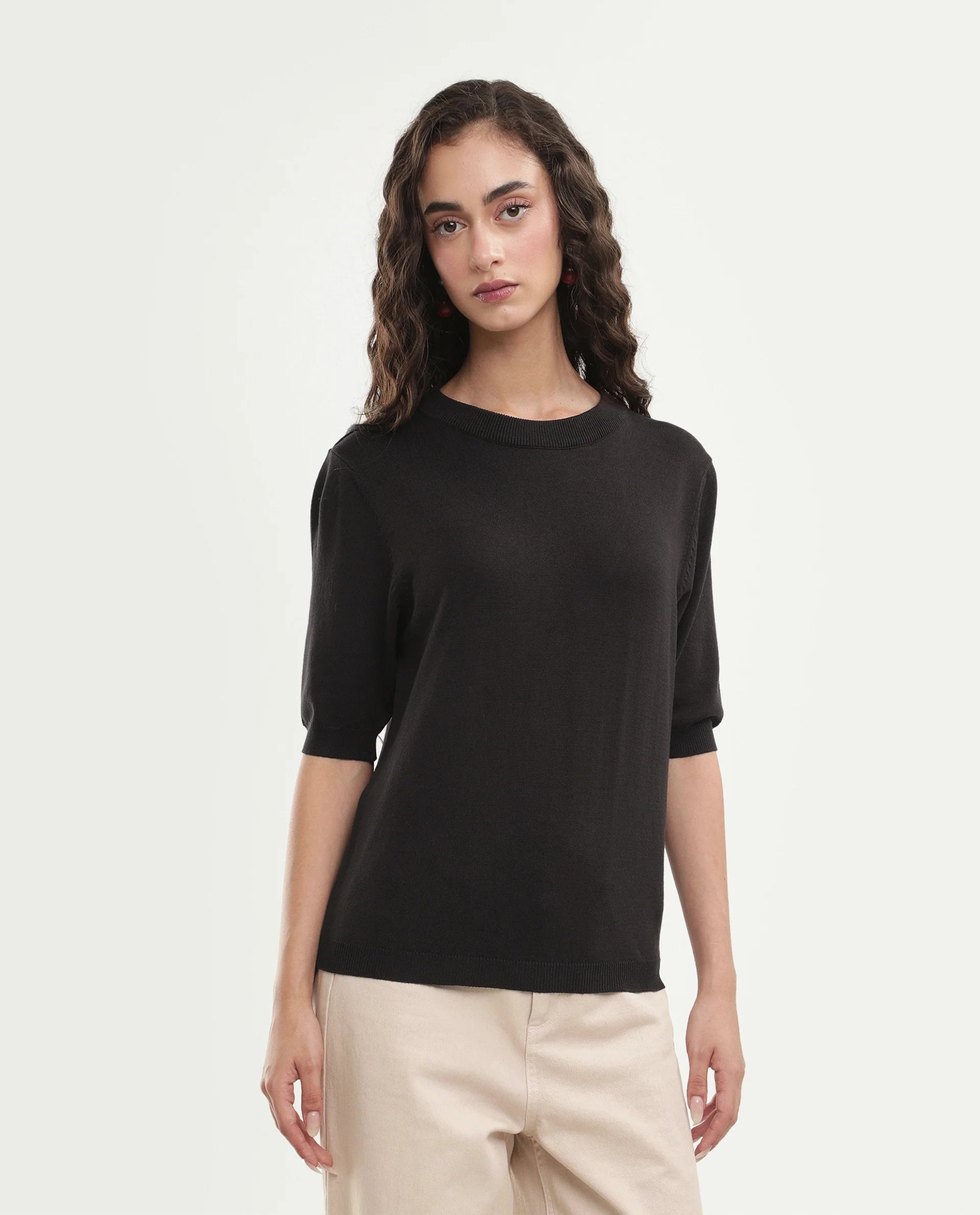 Rareism Women's Rohrdoaw26 Dark Brown Viscose Blend Crew Neck Regular Fit Plain Top