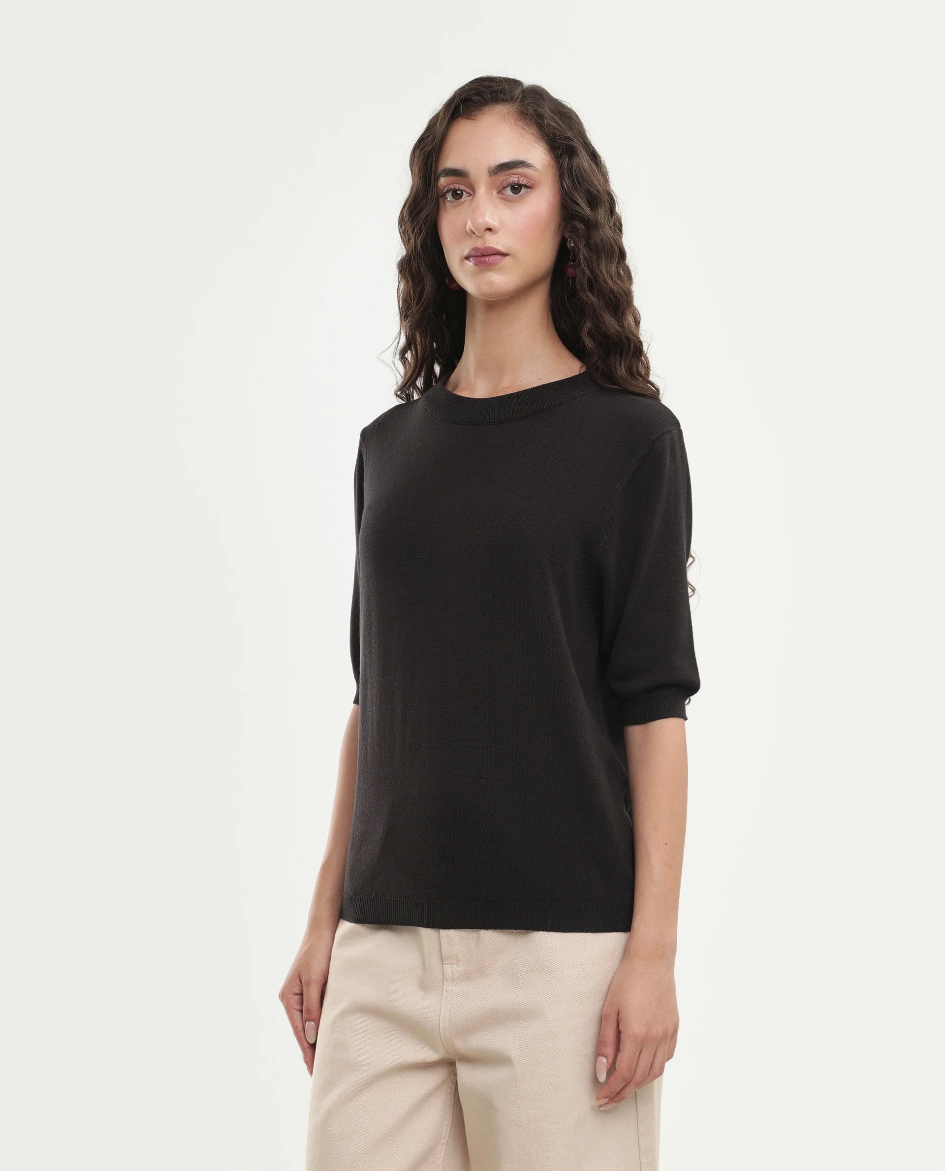 Rareism Women's Rohrdoaw26 Dark Brown Viscose Blend Crew Neck Regular Fit Plain Top