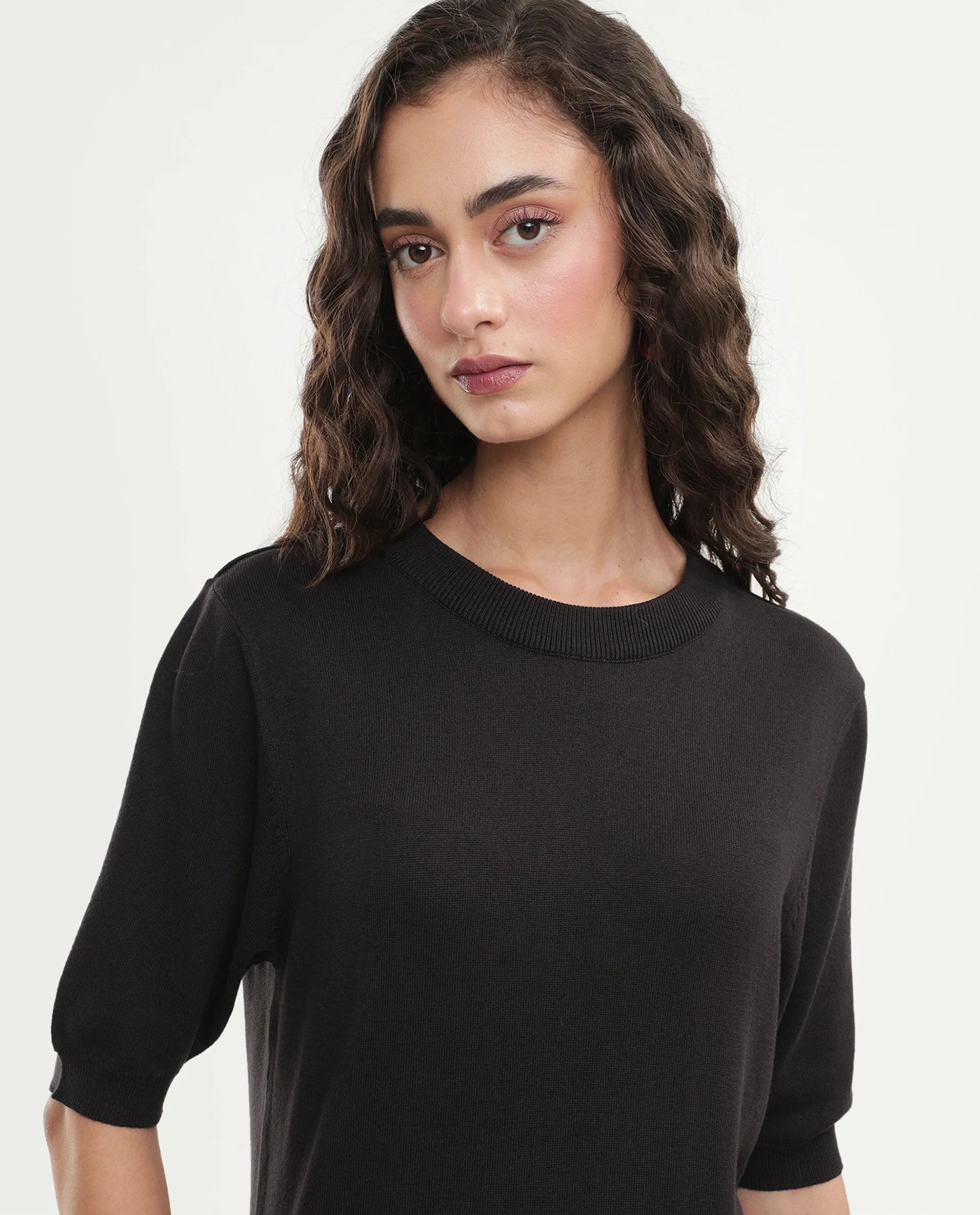 Rareism Women's Rohrdoaw26 Dark Brown Viscose Blend Crew Neck Regular Fit Plain Top