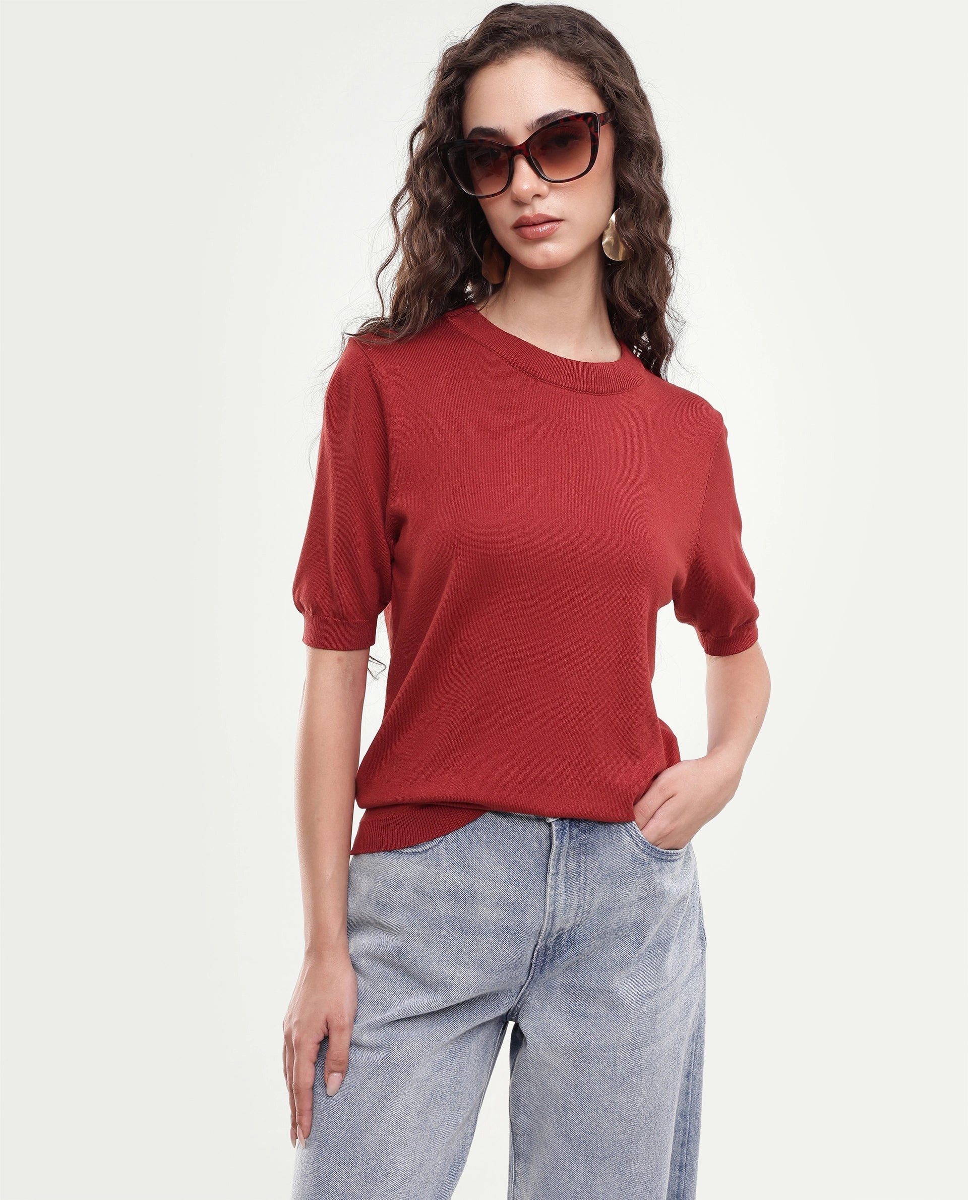 Rareism Women's Rohrdoaw26 Rust Plain Viscose Blend Regular Short Sleeves Top
