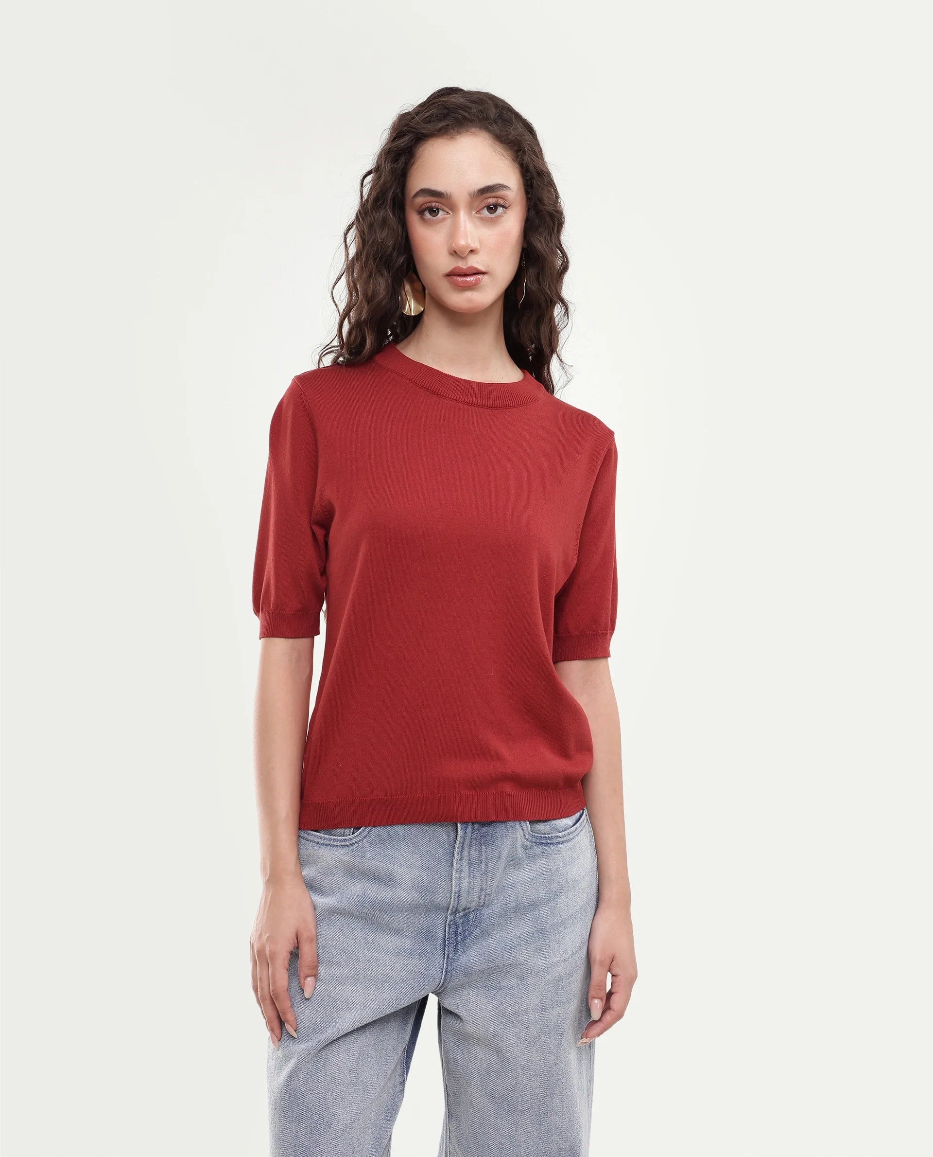 Rareism Women's Rohrdoaw26 Rust Plain Viscose Blend Regular Short Sleeves Top