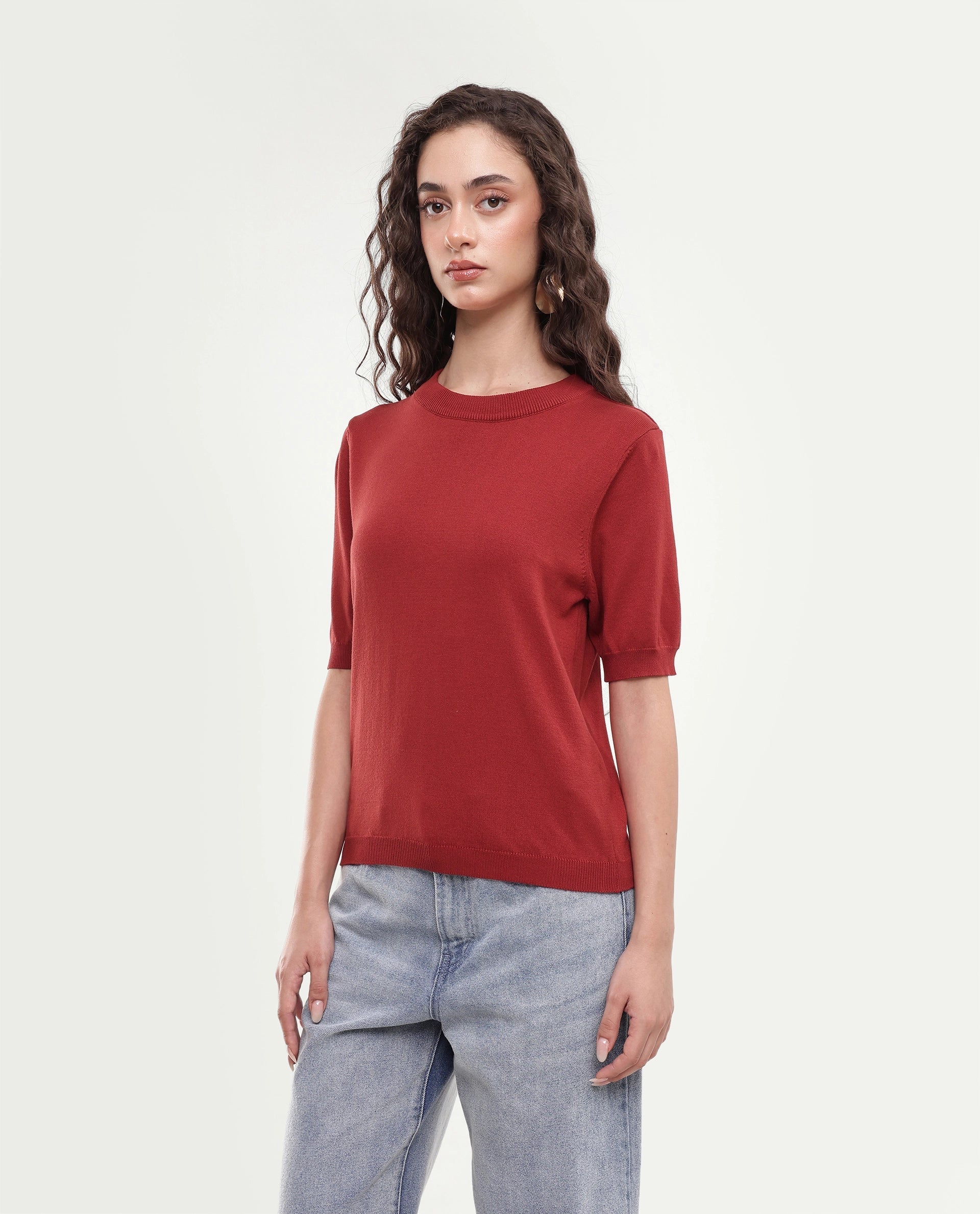 Rareism Women's Rohrdoaw26 Rust Plain Viscose Blend Regular Short Sleeves Top