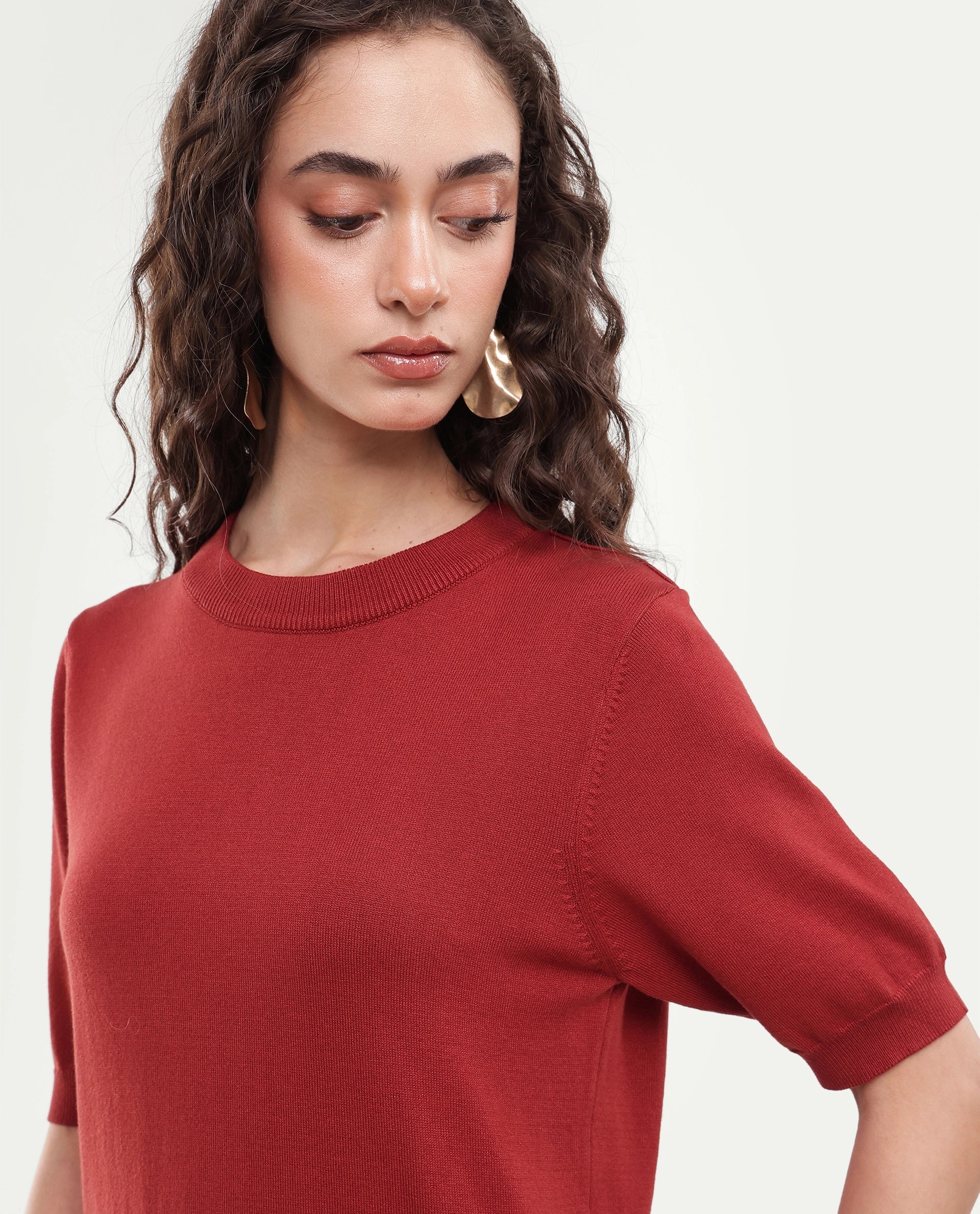 Rareism Women's Rohrdoaw26 Rust Plain Viscose Blend Regular Short Sleeves Top