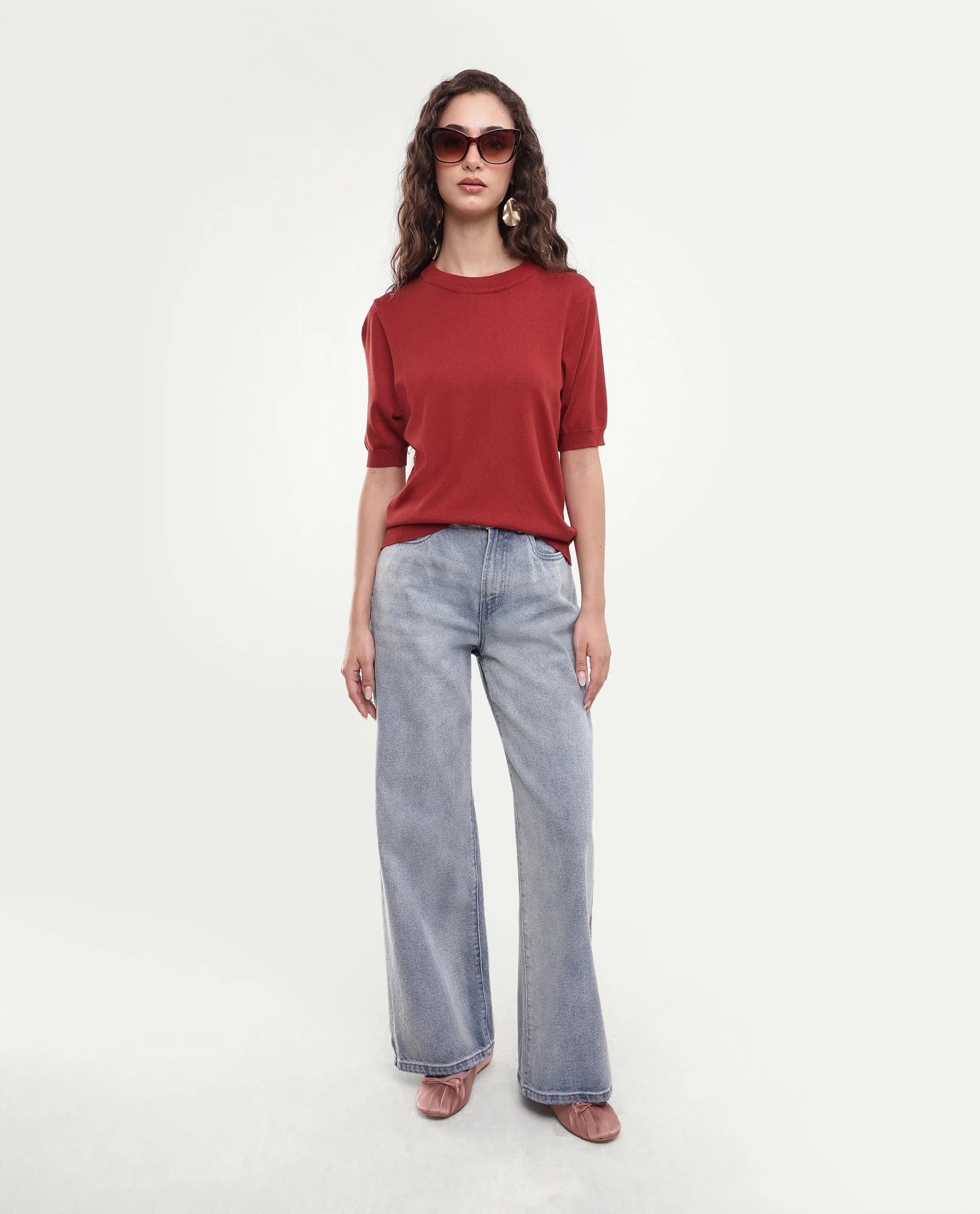 Rareism Women's Rohrdoaw26 Rust Plain Viscose Blend Regular Short Sleeves Top