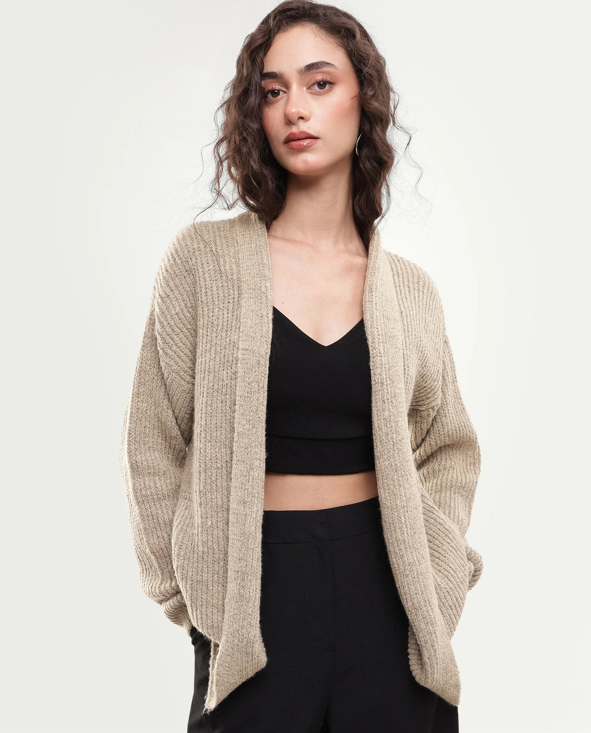 Rareism Women's Jugaw26 Dark Beige Acrylic Blend Lapel Neck Relaxed Fit Plain Shrug