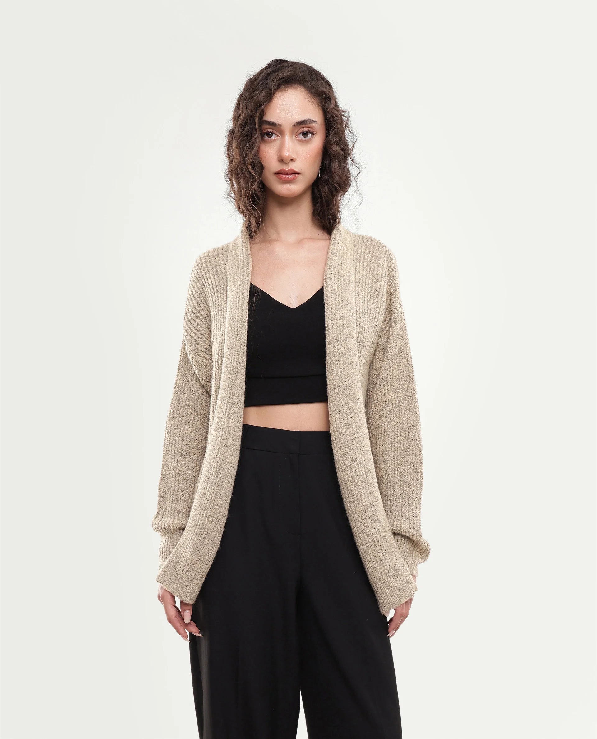 Rareism Women's Jugaw26 Dark Beige Acrylic Blend Lapel Neck Relaxed Fit Plain Shrug