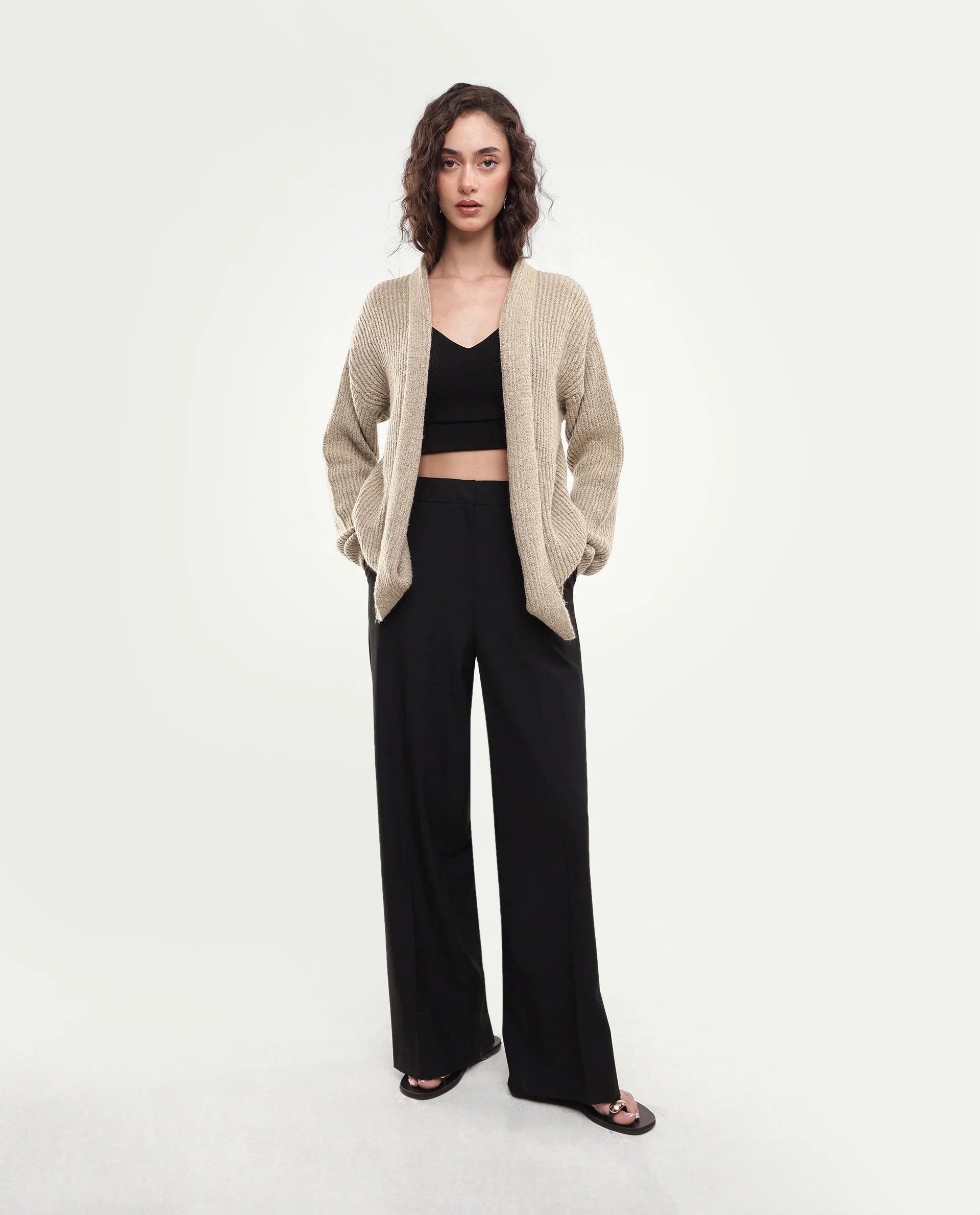 Rareism Women's Jugaw26 Dark Beige Acrylic Blend Lapel Neck Relaxed Fit Plain Shrug