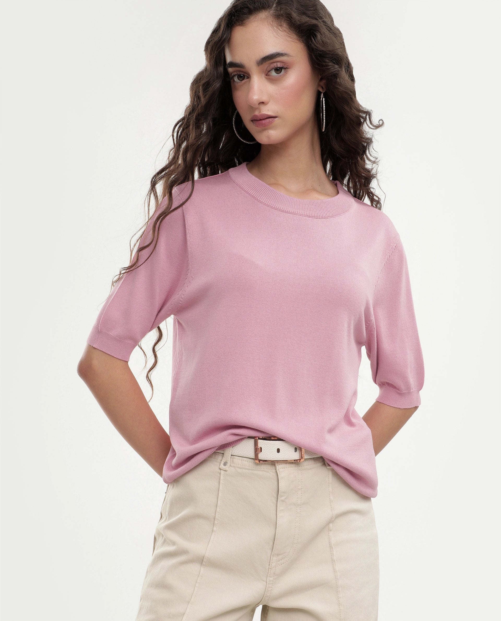 Rareism Women's Rohrdoaw26 Dusky Pink Viscose Blend Crew Neck Regular Fit Plain Top