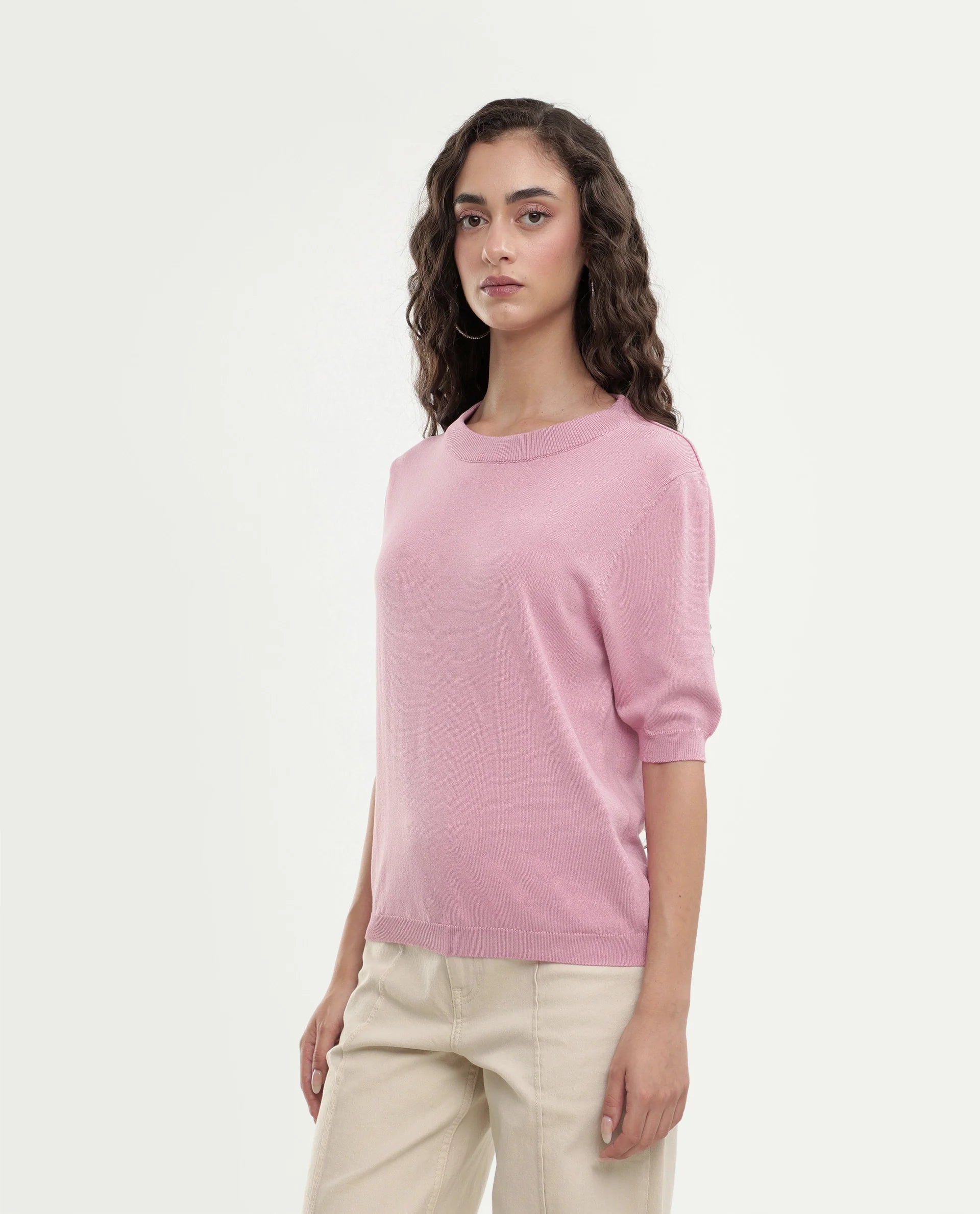 Rareism Women's Rohrdoaw26 Dusky Pink Viscose Blend Crew Neck Regular Fit Plain Top