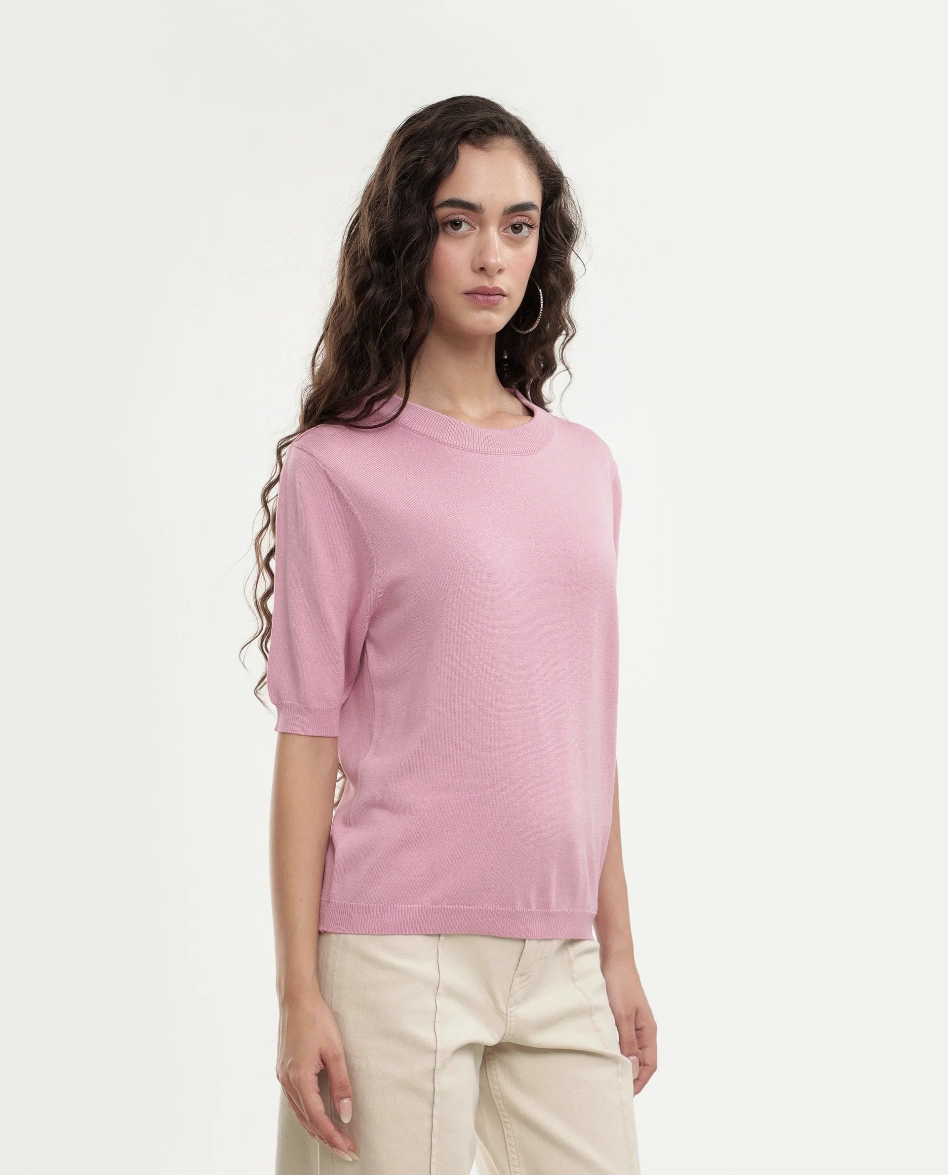 Rareism Women's Rohrdoaw26 Dusky Pink Viscose Blend Crew Neck Regular Fit Plain Top