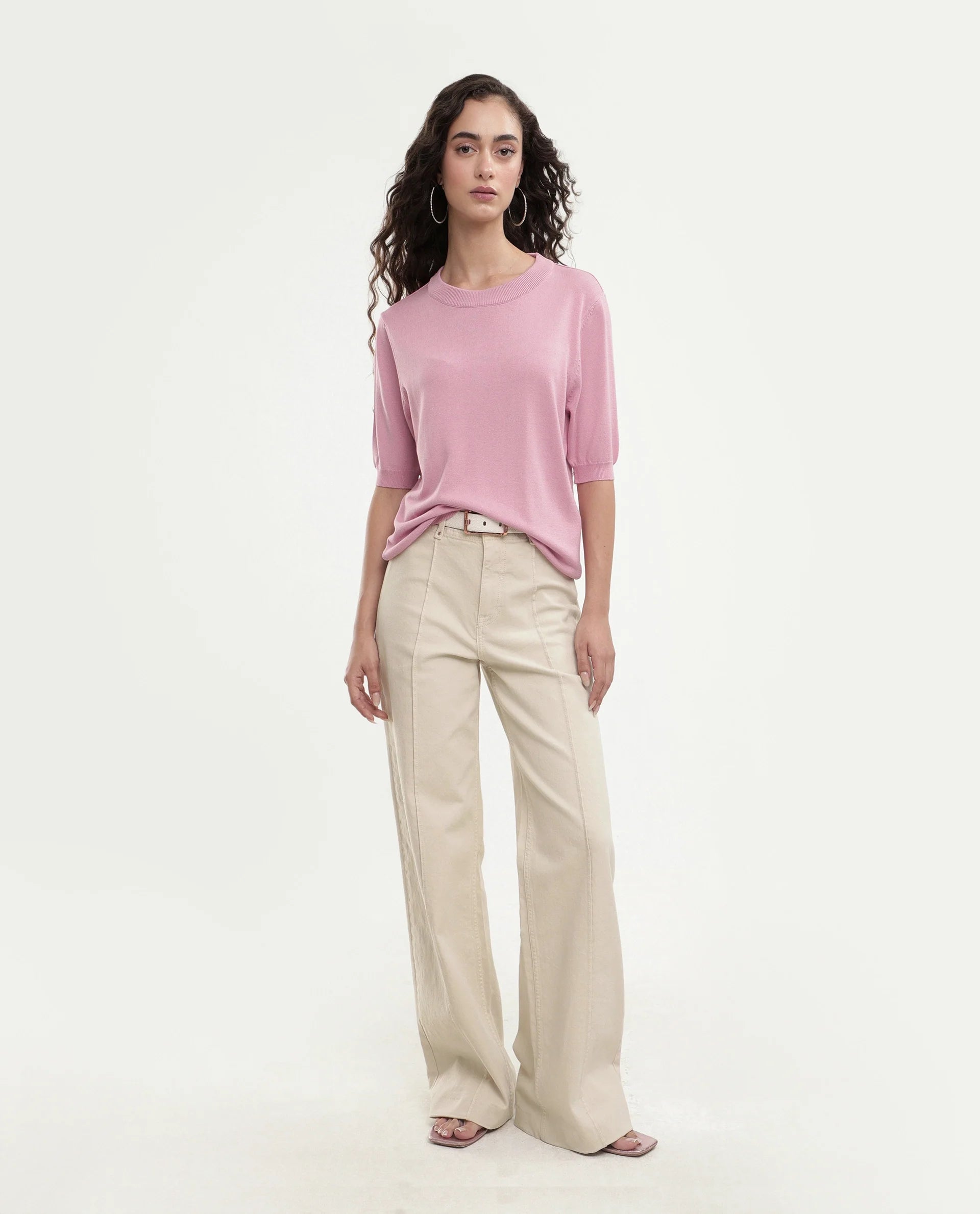 Rareism Women's Rohrdoaw26 Dusky Pink Viscose Blend Crew Neck Regular Fit Plain Top