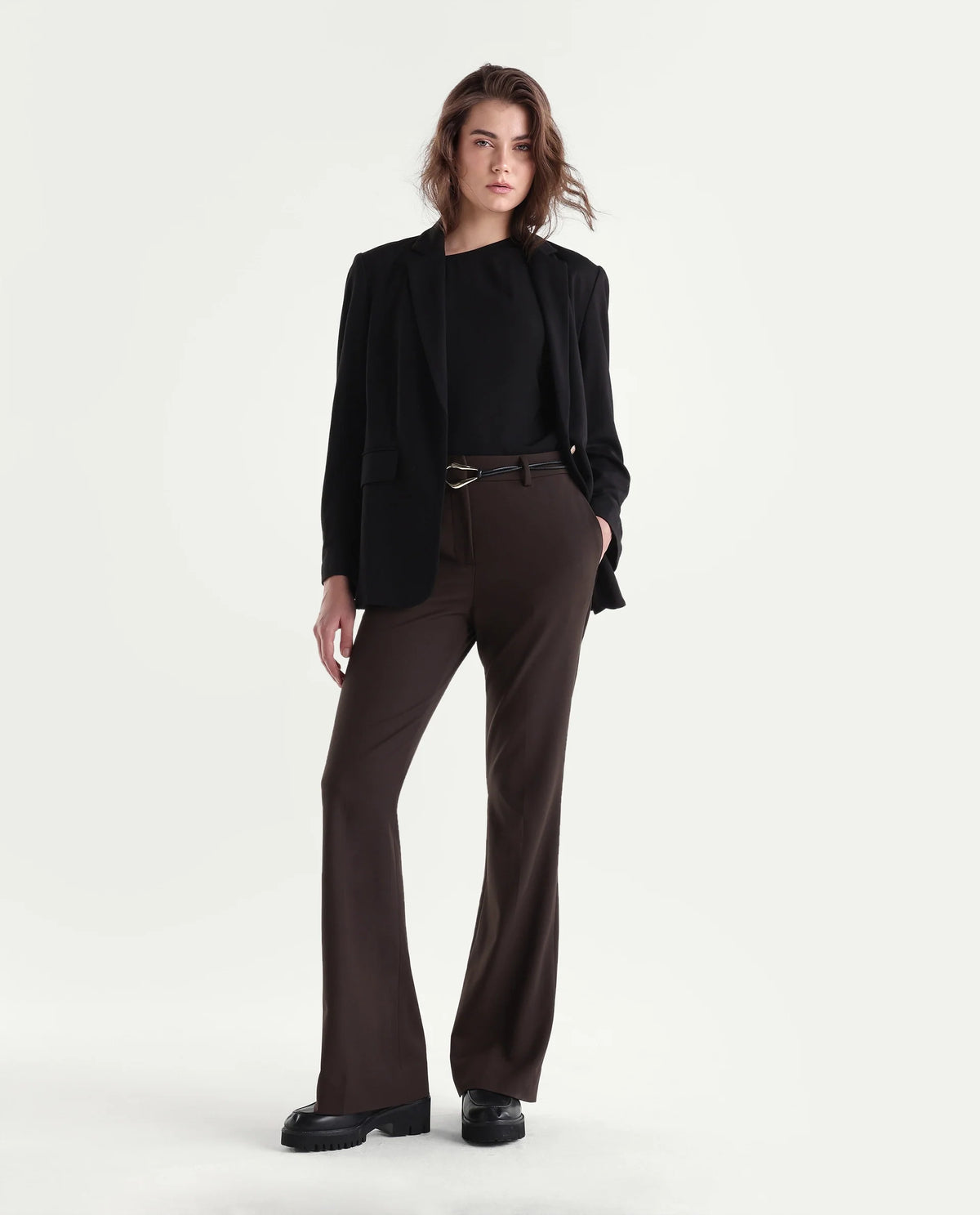 Rareism Women's Frare-Aw26 Brown Polyester Blend Bootcut Plain Trouser