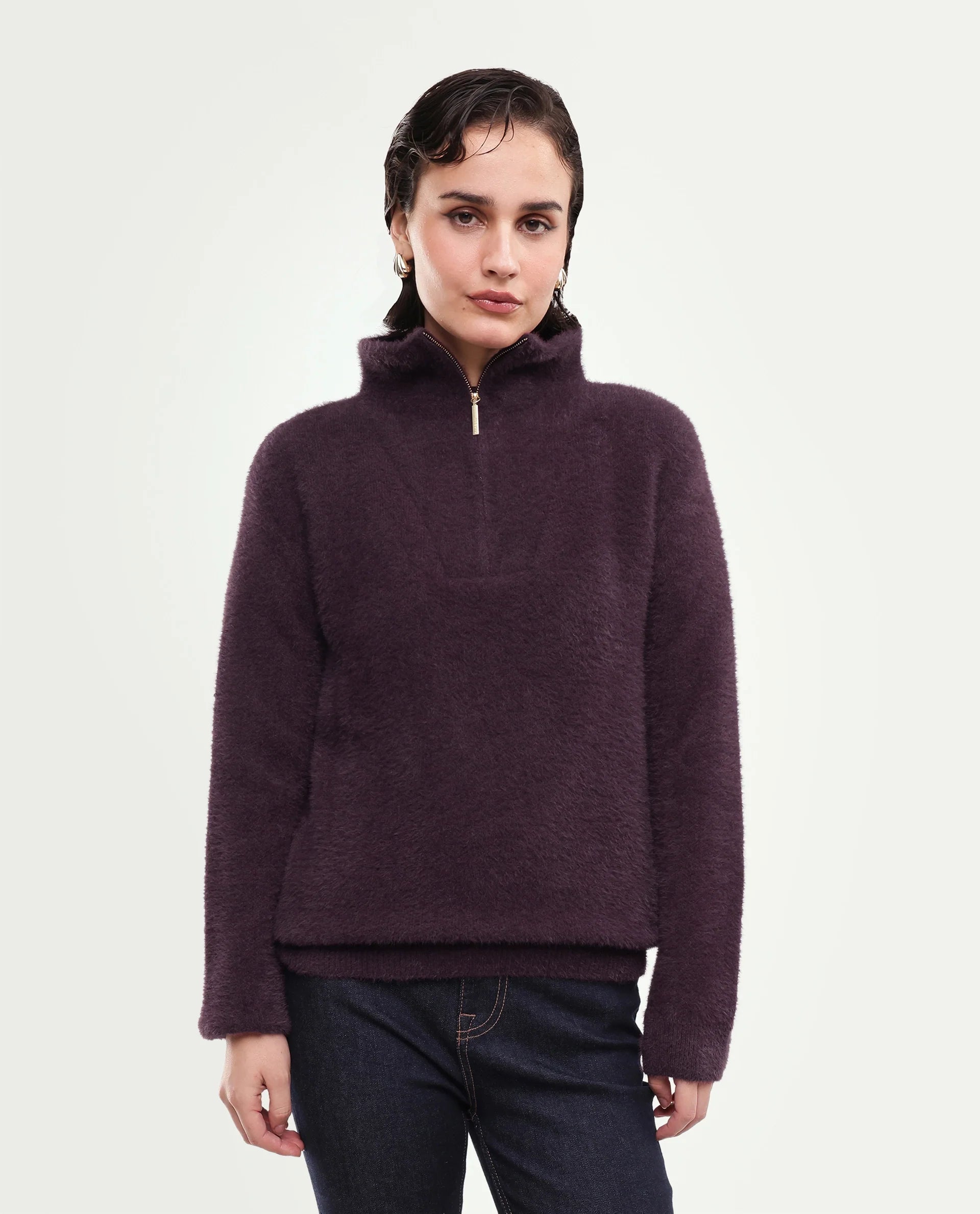 Rareism Women's Asseraw26 Dark Maroon Plain Nylon Blend Relaxed Long Sleeves Sweater