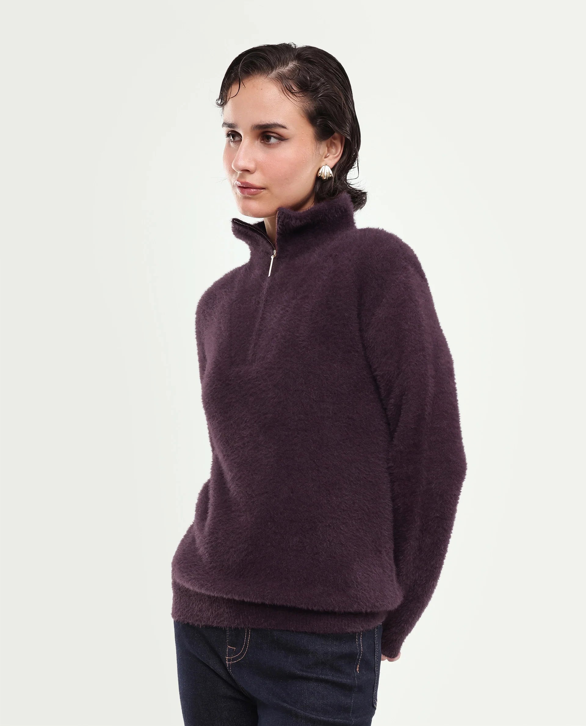 Rareism Women's Asseraw26 Dark Maroon Plain Nylon Blend Relaxed Long Sleeves Sweater