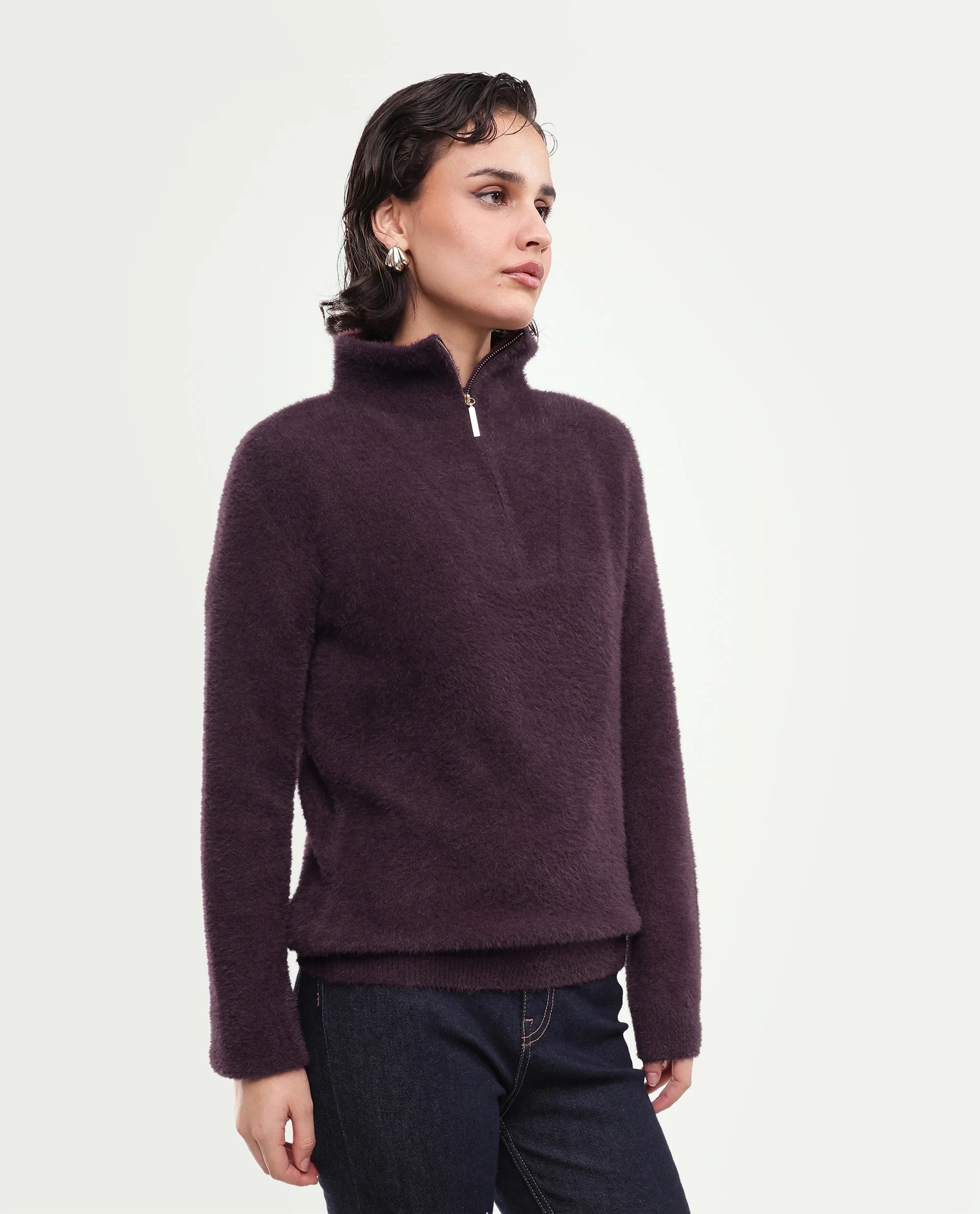 Rareism Women's Asseraw26 Dark Maroon Plain Nylon Blend Relaxed Long Sleeves Sweater