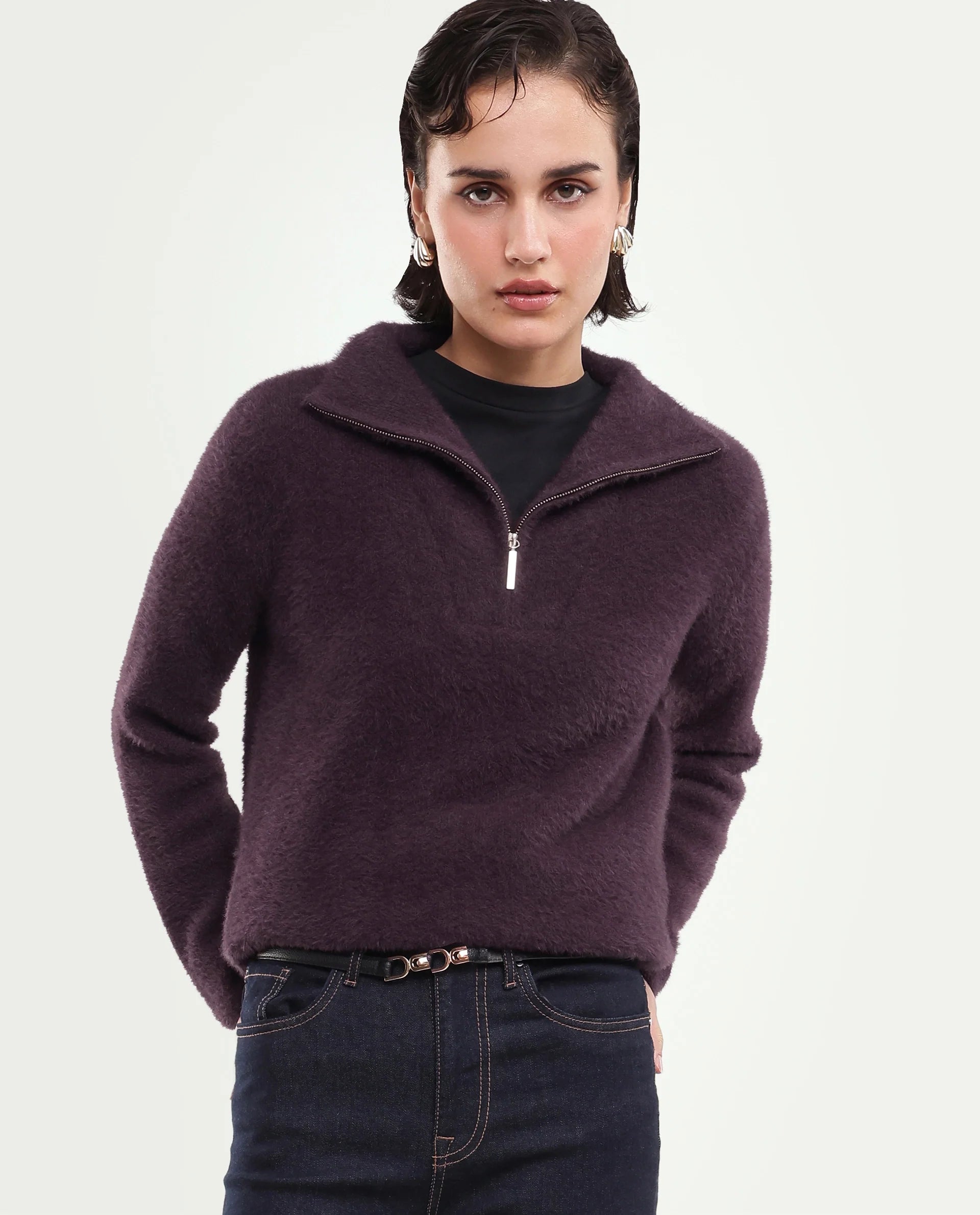 Rareism Women's Asseraw26 Dark Maroon Plain Nylon Blend Relaxed Long Sleeves Sweater