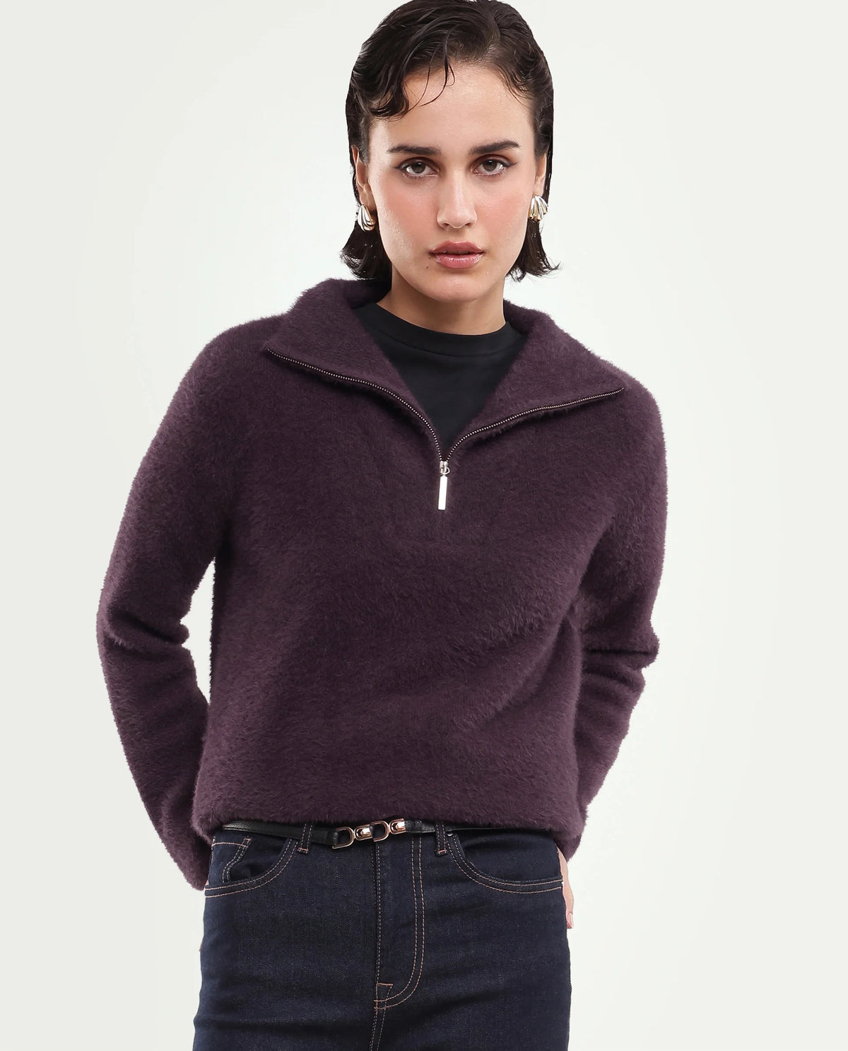 Rareism Women's Asseraw26 Dark Maroon Plain Nylon Blend Relaxed Long Sleeves Sweater