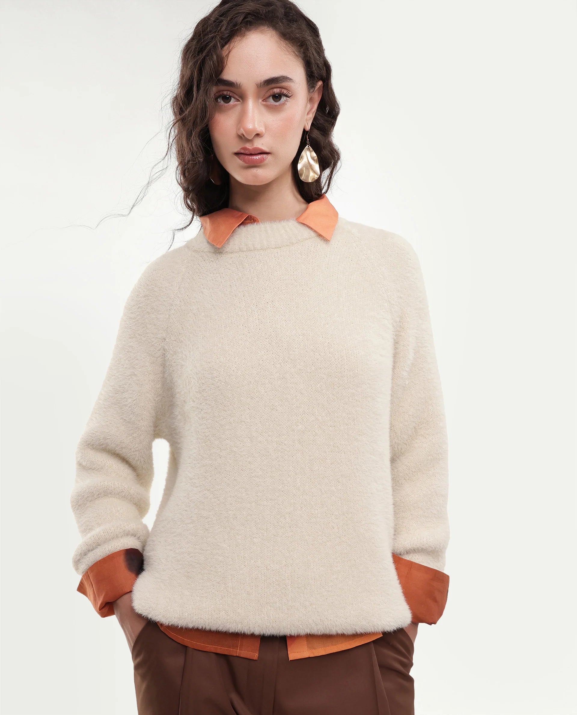 Rareism Women's Mitsi Light Beige Plain Nylon Relaxed Long Sleeves Sweater