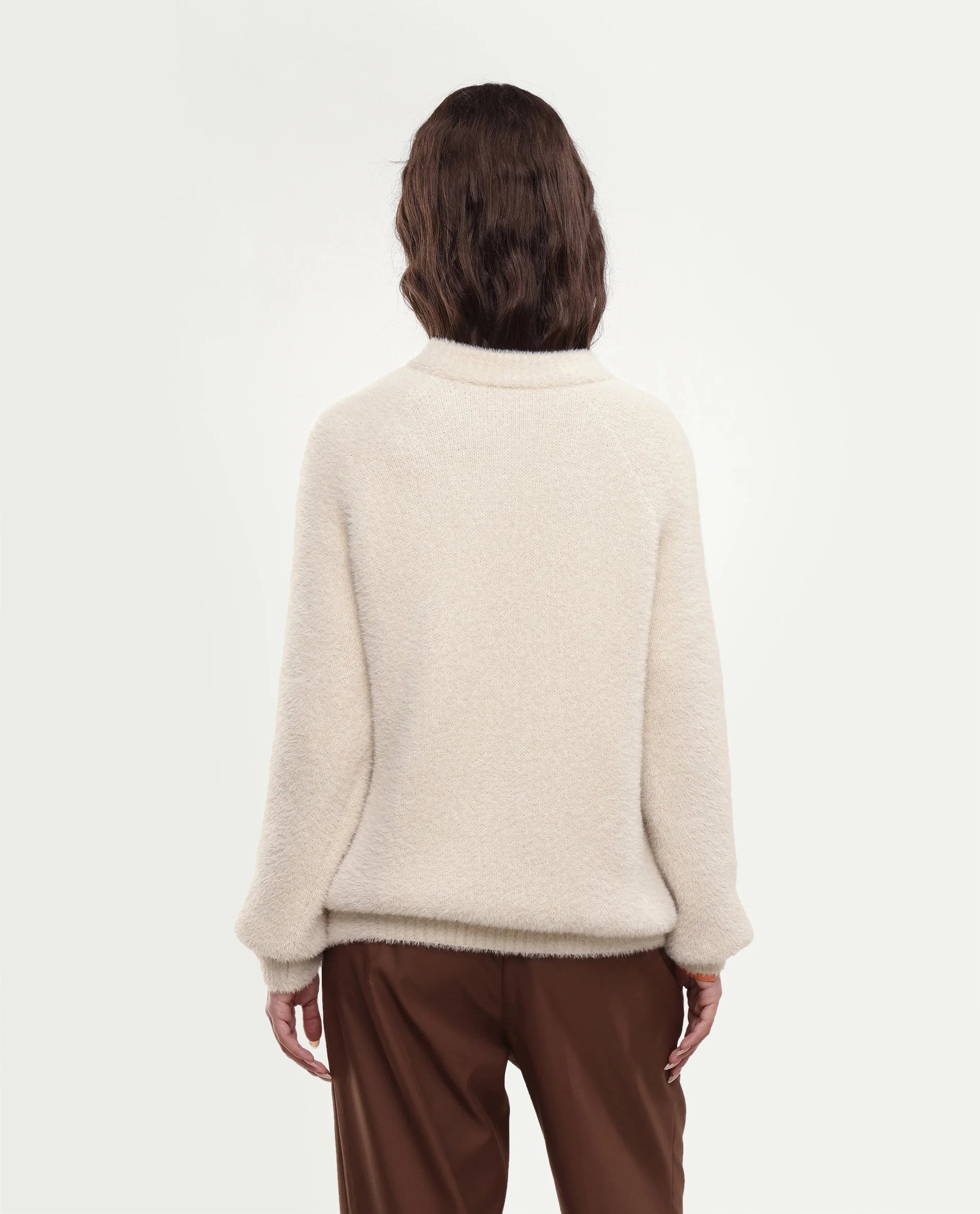 Rareism Women's Mitsi Light Beige Plain Nylon Relaxed Long Sleeves Sweater