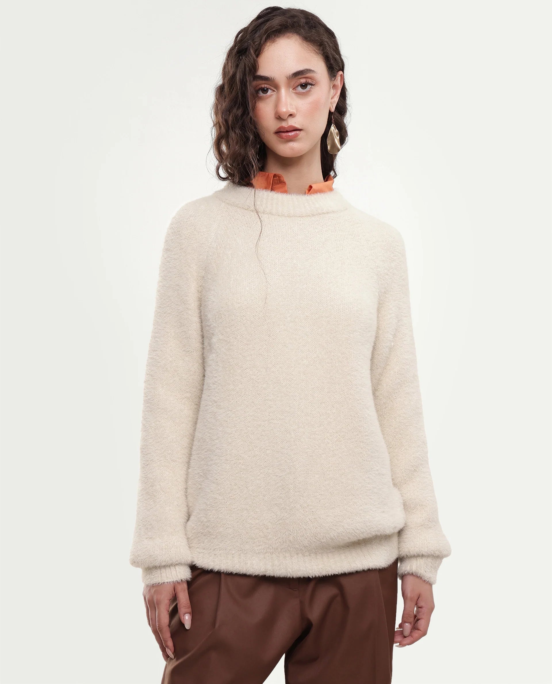 Rareism Women's Mitsi Light Beige Plain Nylon Relaxed Long Sleeves Sweater
