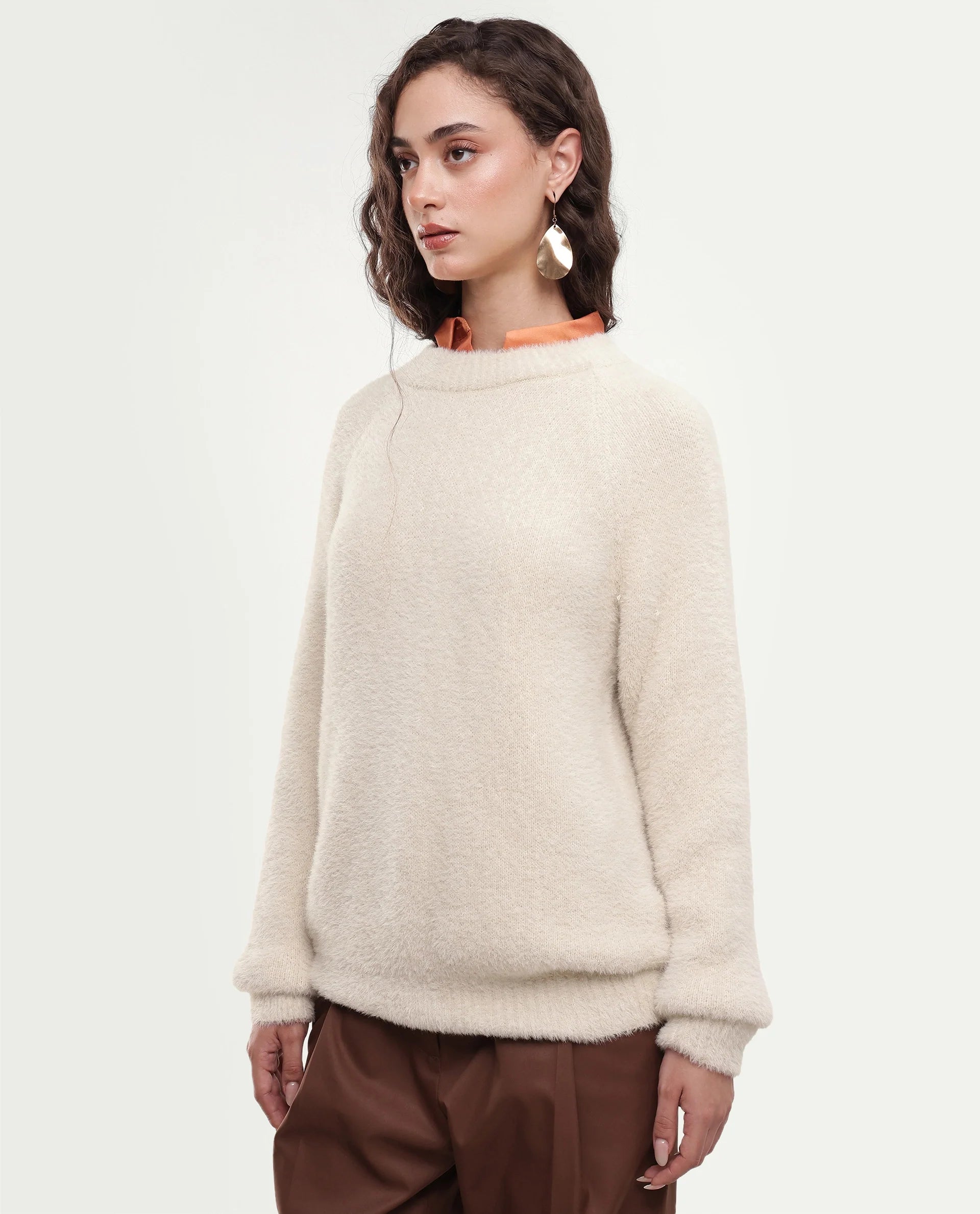 Rareism Women's Mitsi Light Beige Plain Nylon Relaxed Long Sleeves Sweater