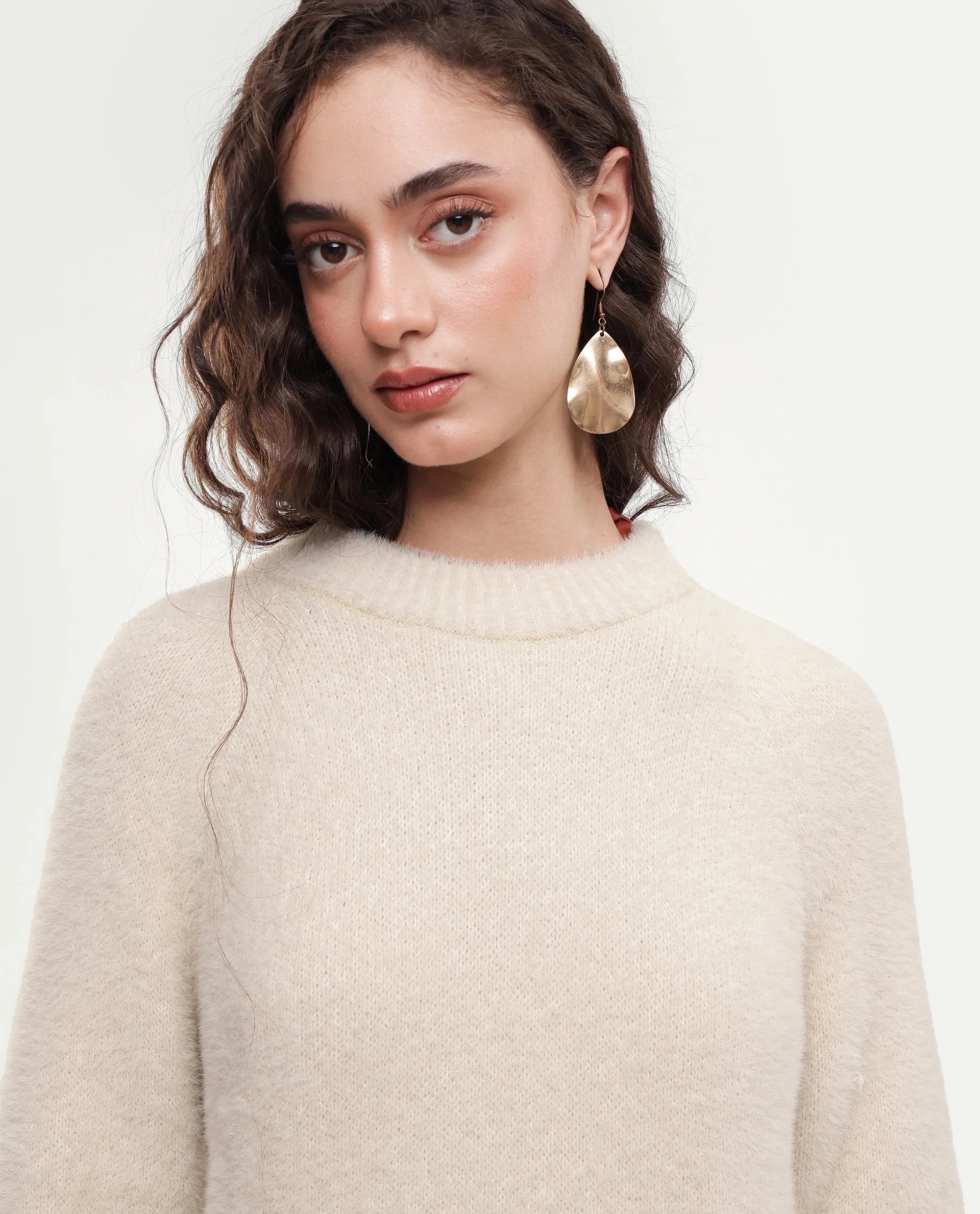 Rareism Women's Mitsi Light Beige Plain Nylon Relaxed Long Sleeves Sweater