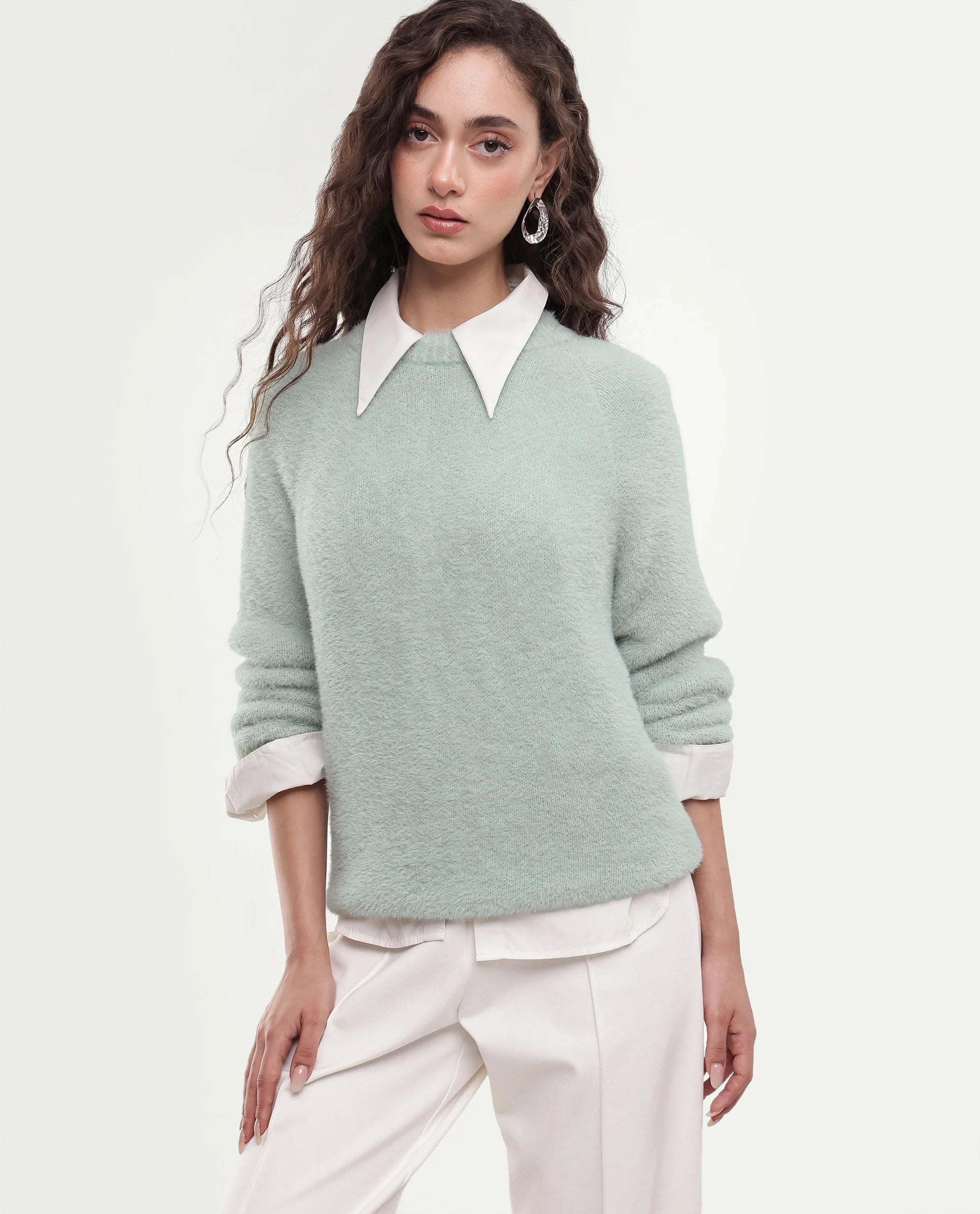 Rareism Women's Mitsi Light Blue Plain Nylon Relaxed Long Sleeves Sweater