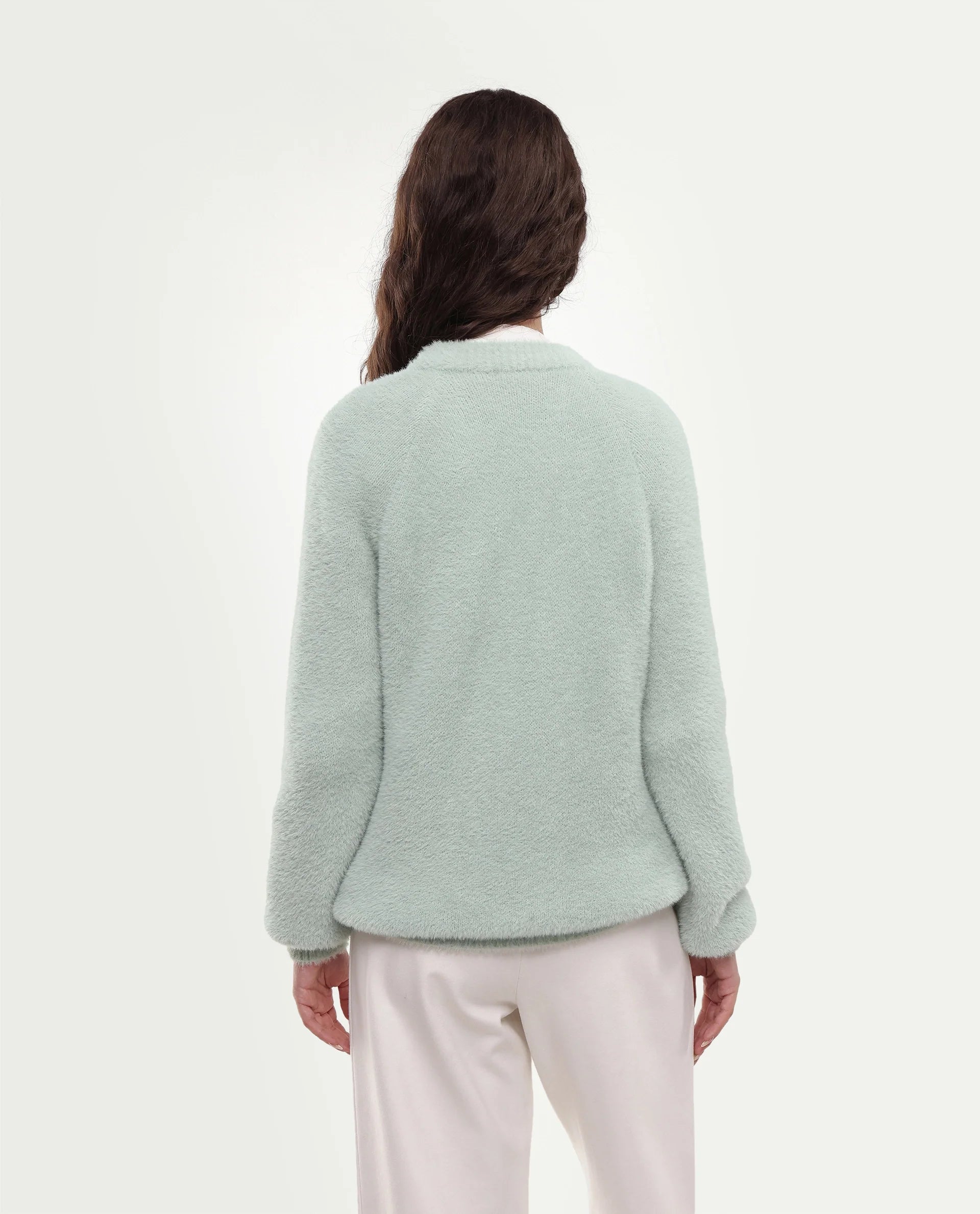 Rareism Women's Mitsi Light Blue Plain Nylon Relaxed Long Sleeves Sweater