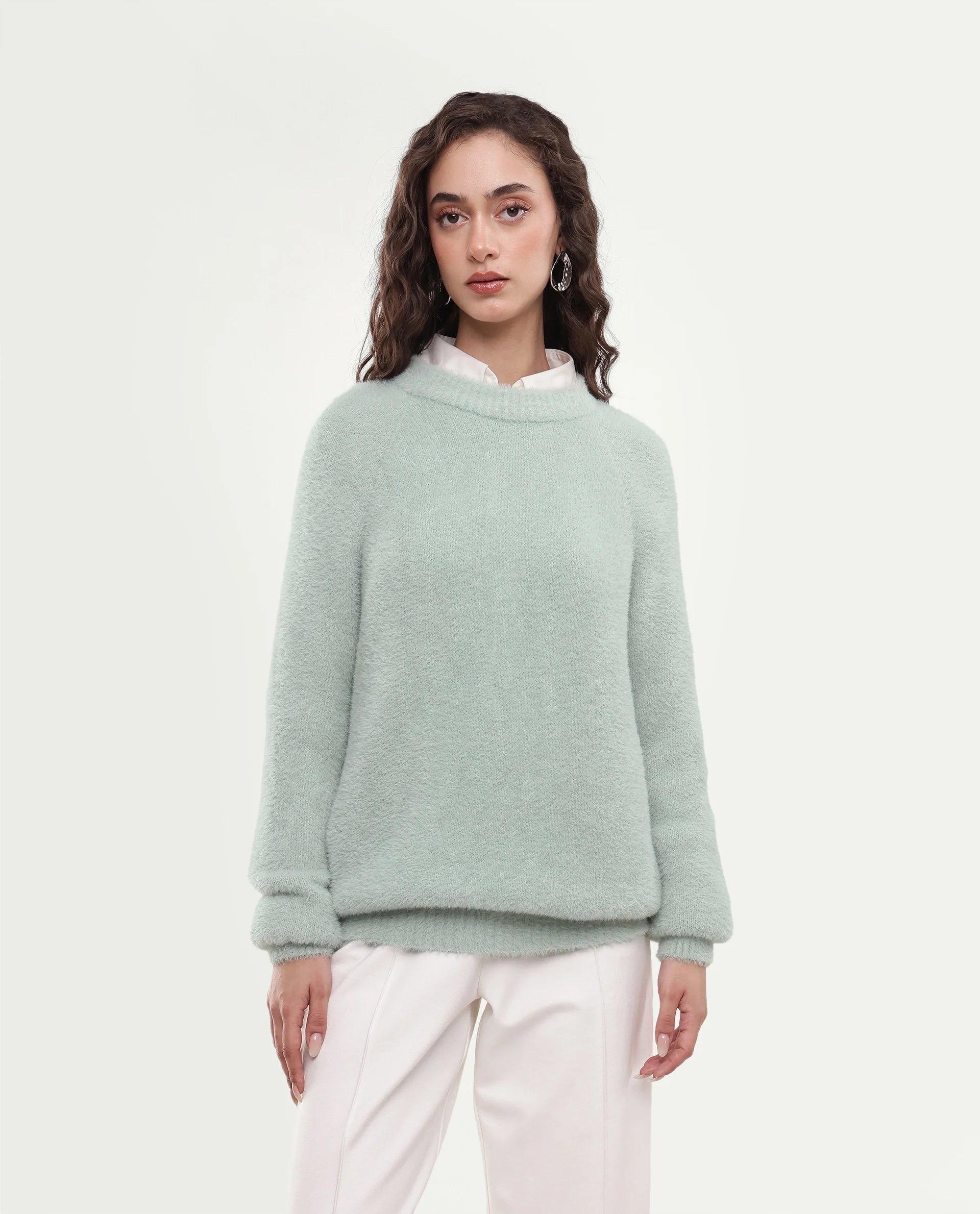 Rareism Women's Mitsi Light Blue Plain Nylon Relaxed Long Sleeves Sweater