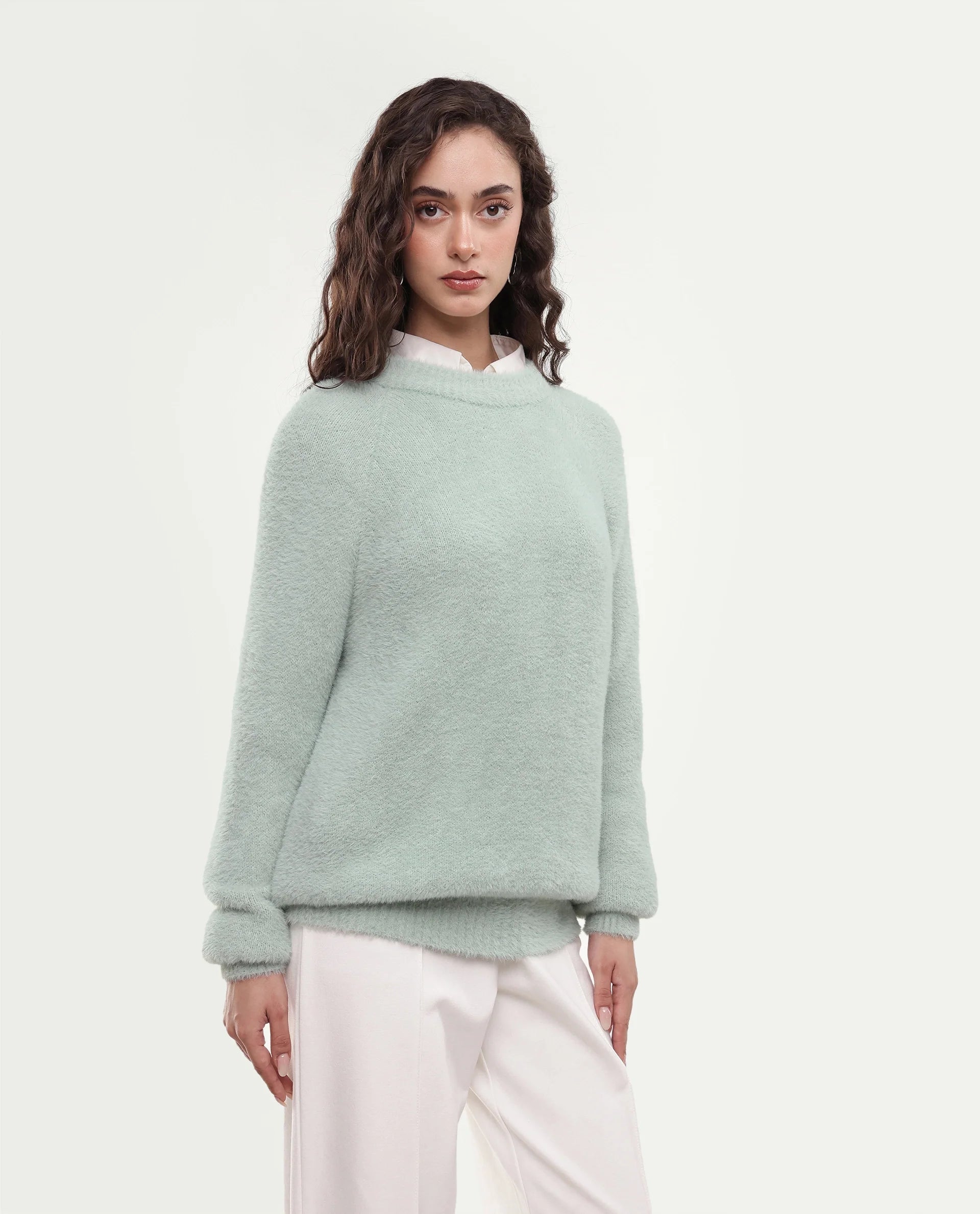 Rareism Women's Mitsi Light Blue Plain Nylon Relaxed Long Sleeves Sweater