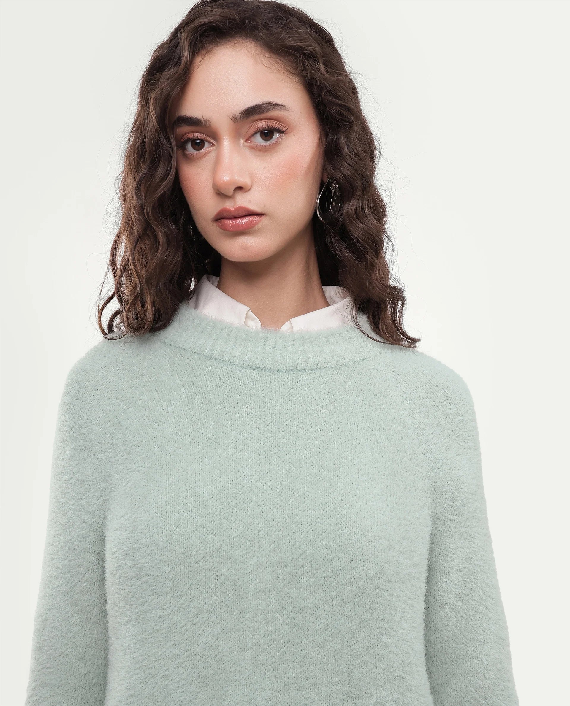 Rareism Women's Mitsi Light Blue Plain Nylon Relaxed Long Sleeves Sweater