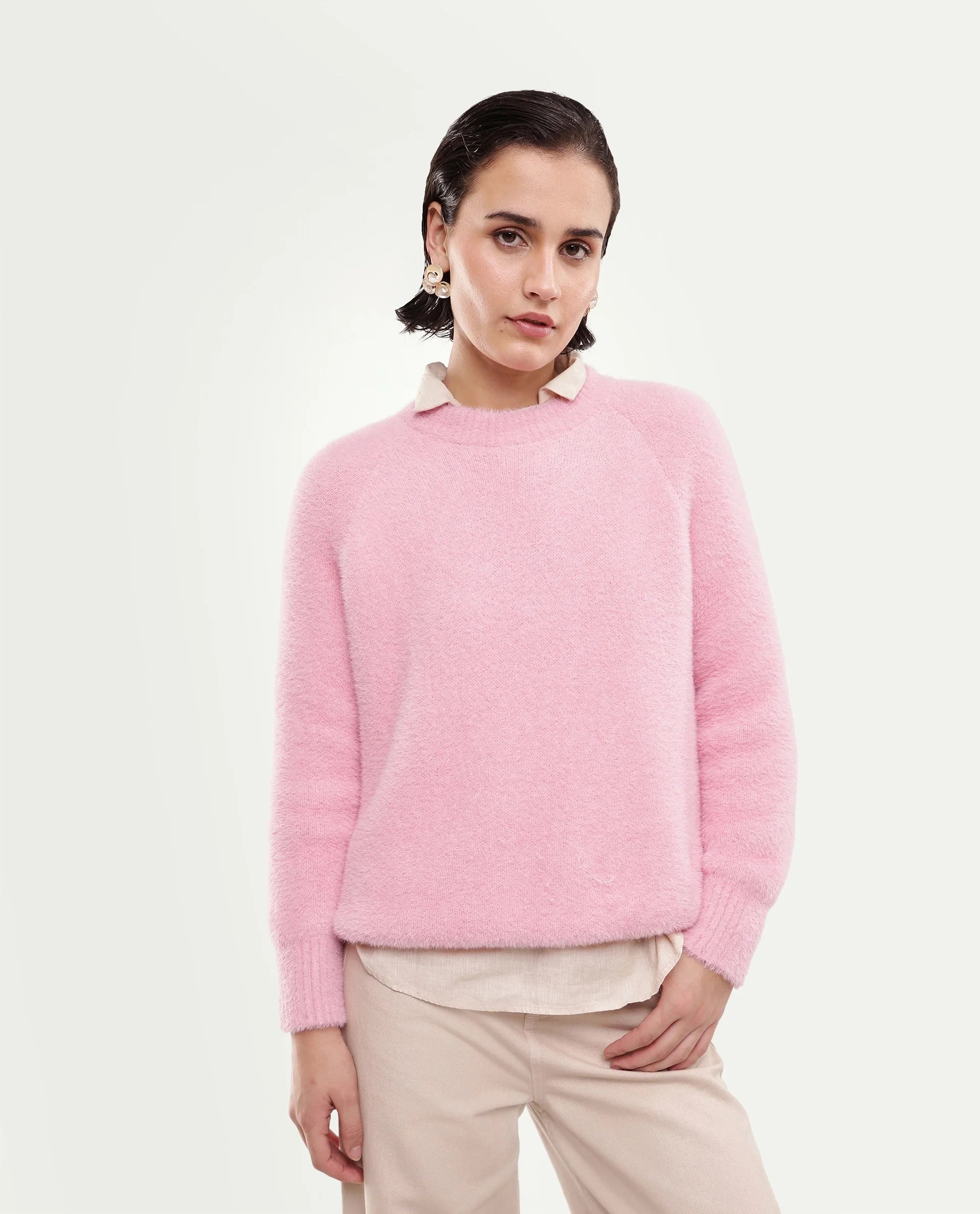 Rareism Women's Mitsi Light Peach Plain Nylon Relaxed Long Sleeves Sweater