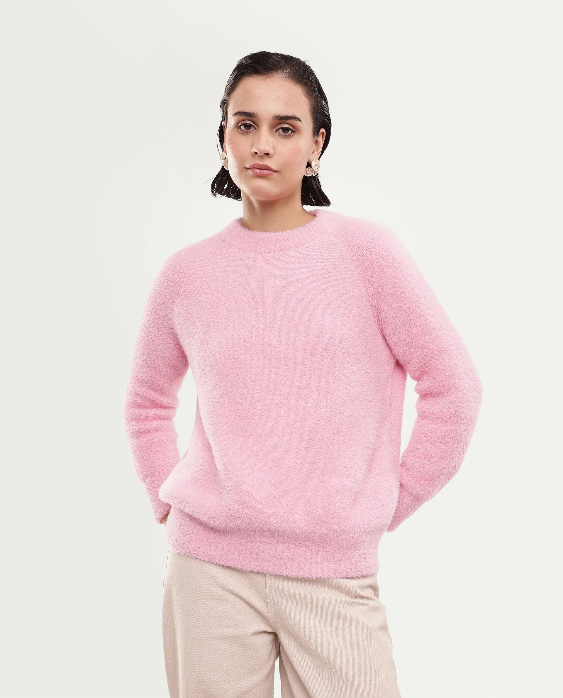 Rareism Women's Mitsi Light Peach Plain Nylon Relaxed Long Sleeves Sweater