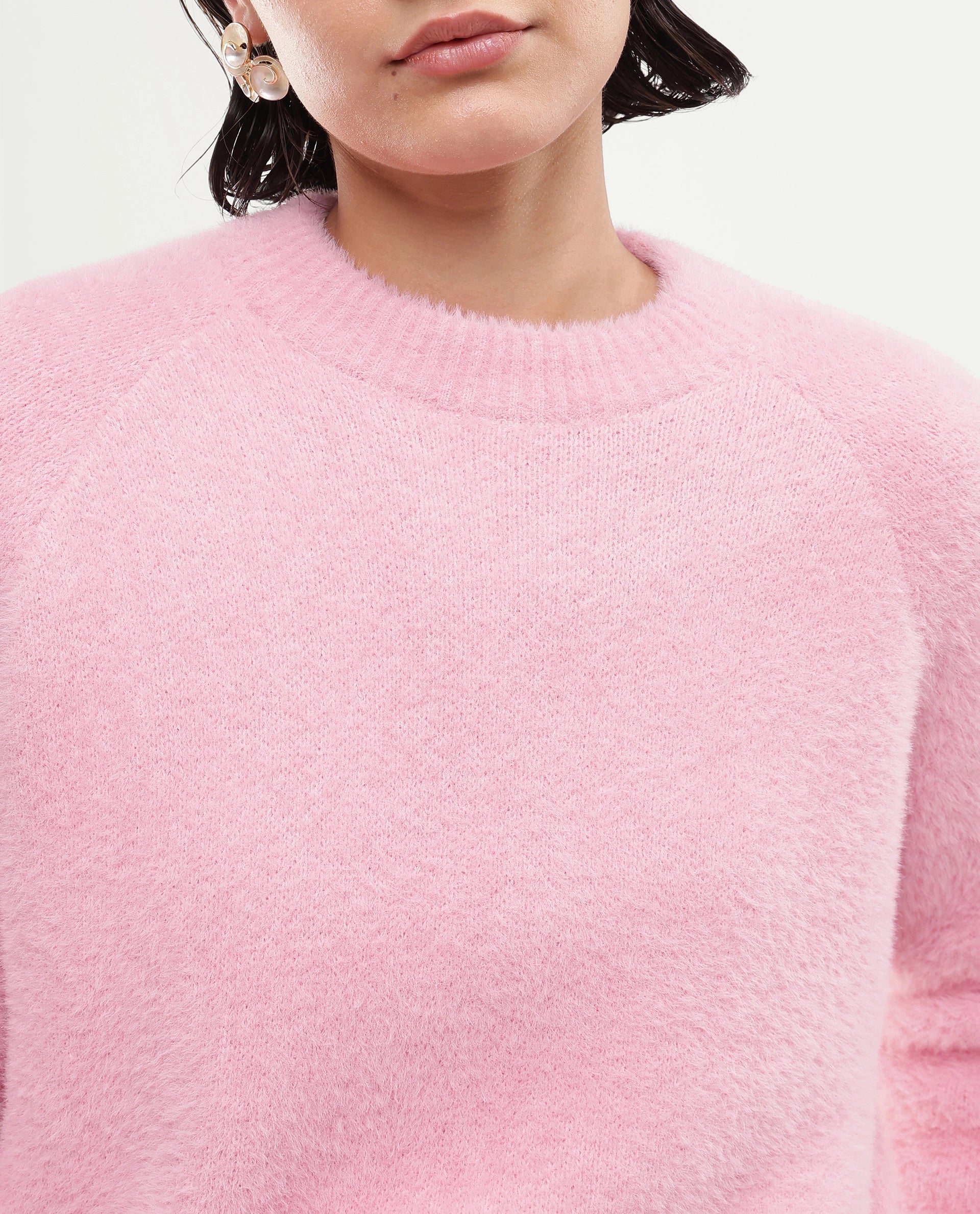 Rareism Women's Mitsi Light Peach Plain Nylon Relaxed Long Sleeves Sweater