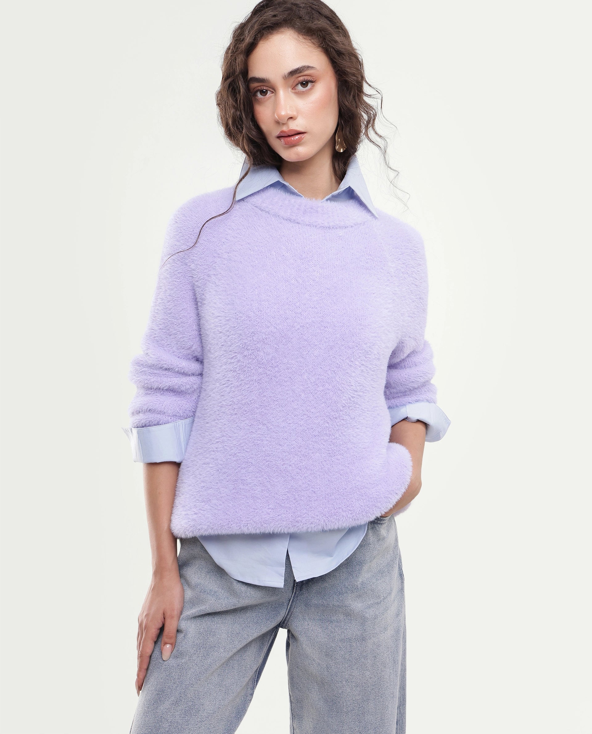 Rareism Women's Mitsi Light Purple Plain Nylon Relaxed Long Sleeves Sweater