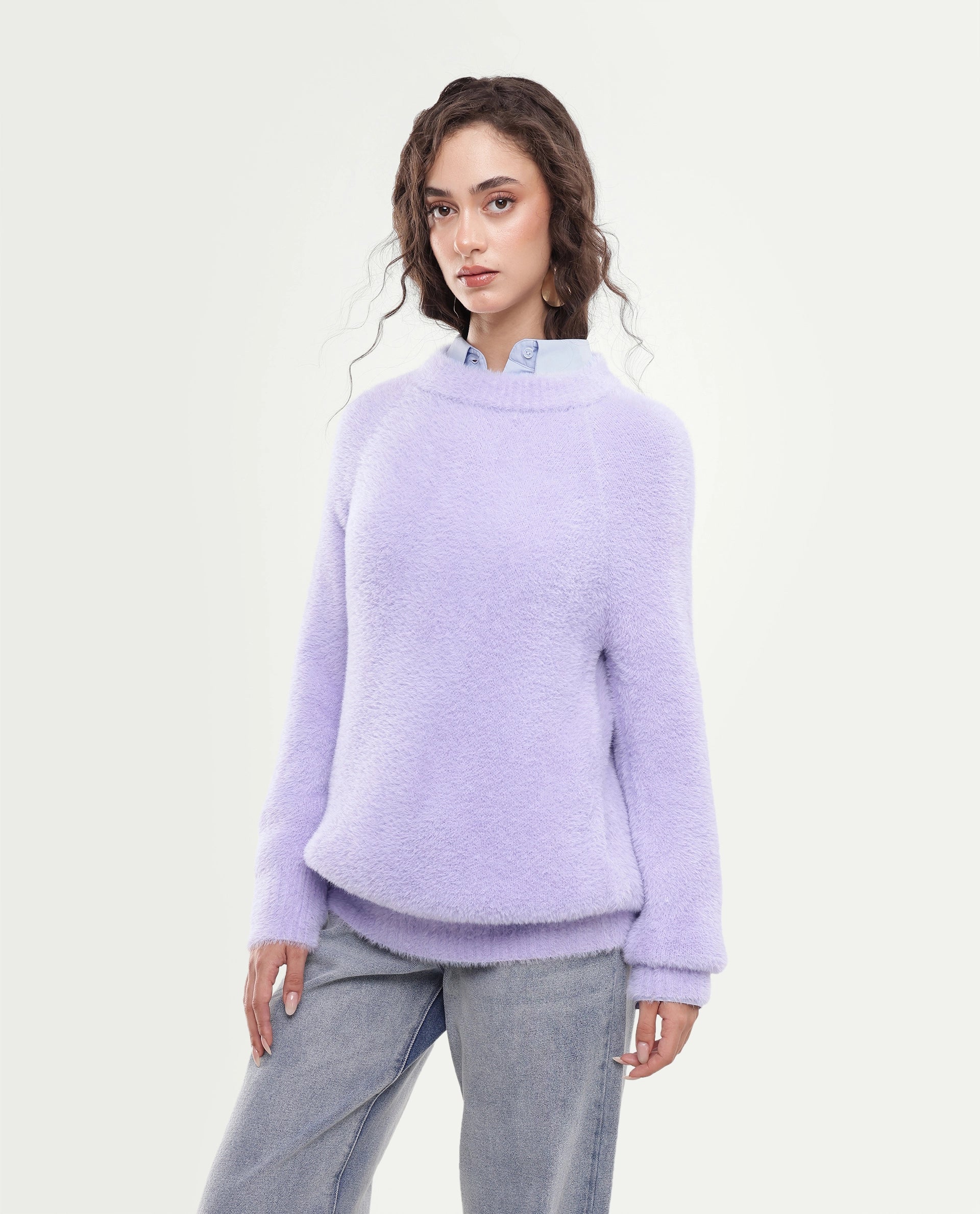 Rareism Women's Mitsi Light Purple Plain Nylon Relaxed Long Sleeves Sweater