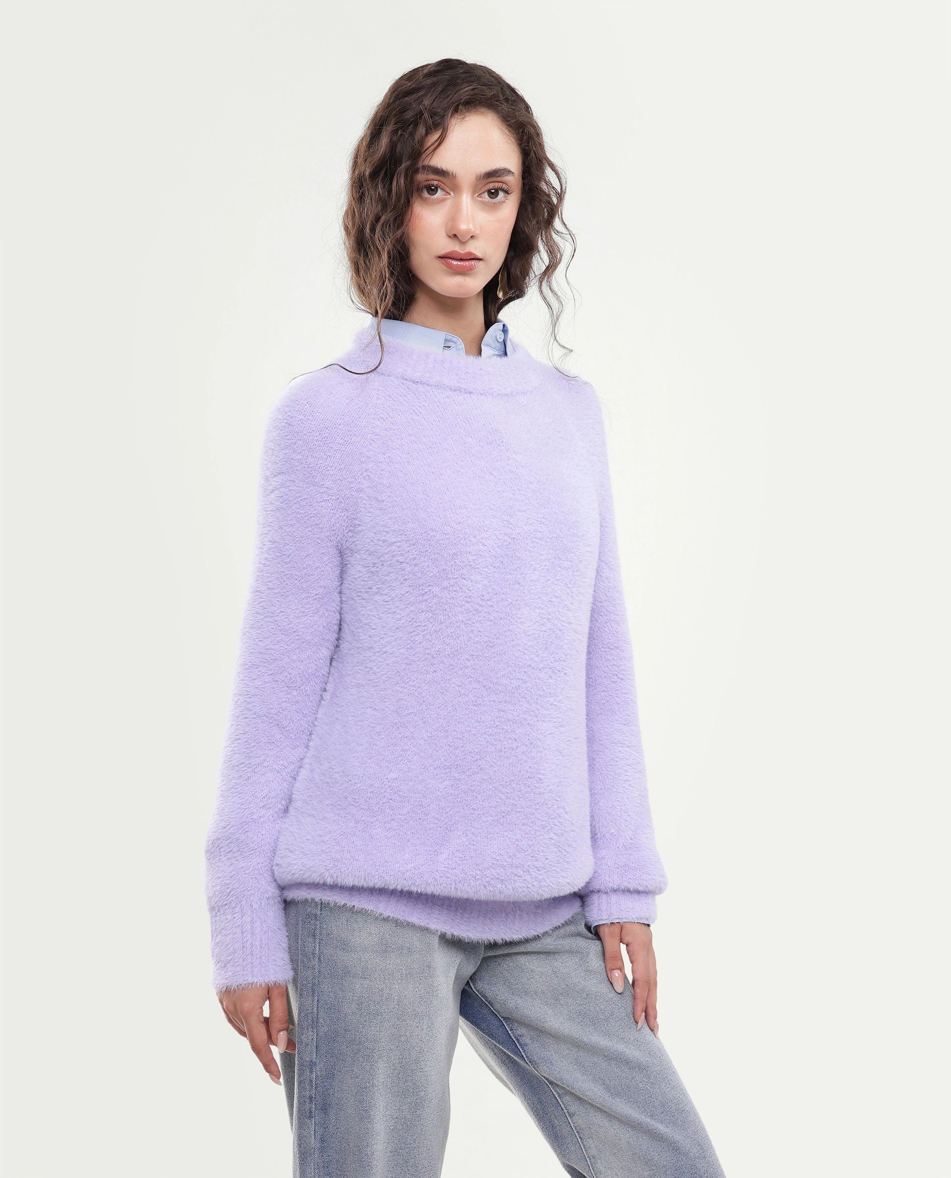 Rareism Women's Mitsi Light Purple Plain Nylon Relaxed Long Sleeves Sweater