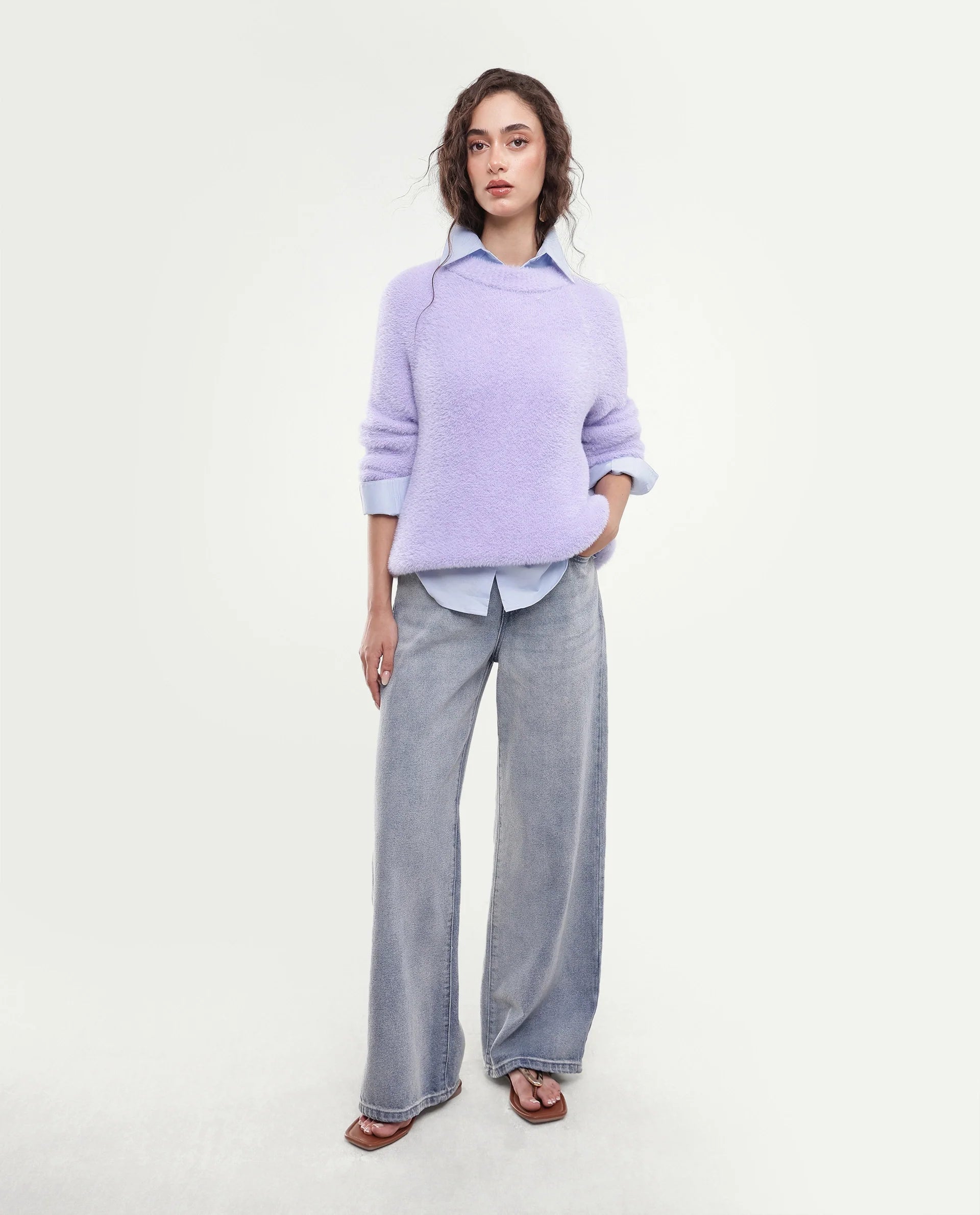 Rareism Women's Mitsi Light Purple Plain Nylon Relaxed Long Sleeves Sweater