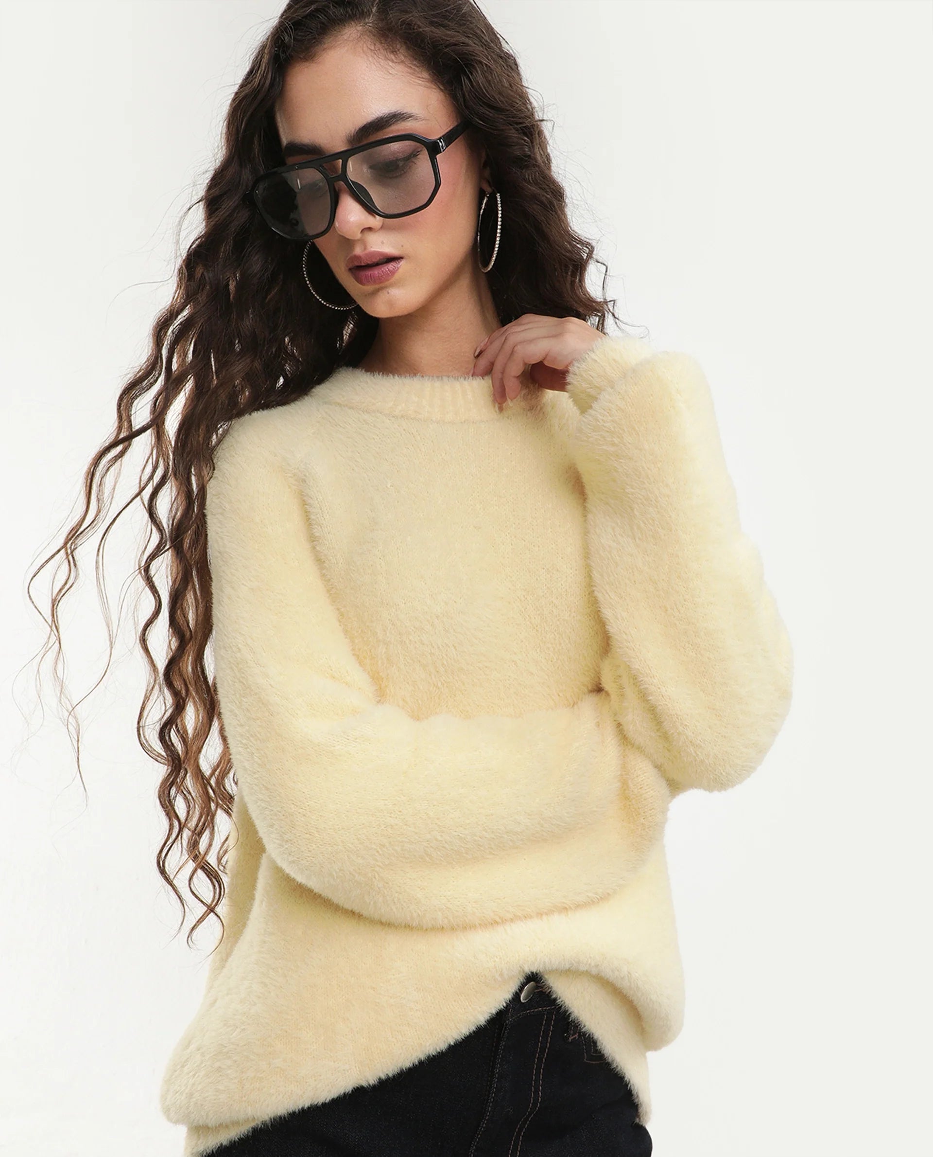 Rareism Women's Mitsi Light Yellow Nylon Crew Neck Relaxed Fit Plain Sweater